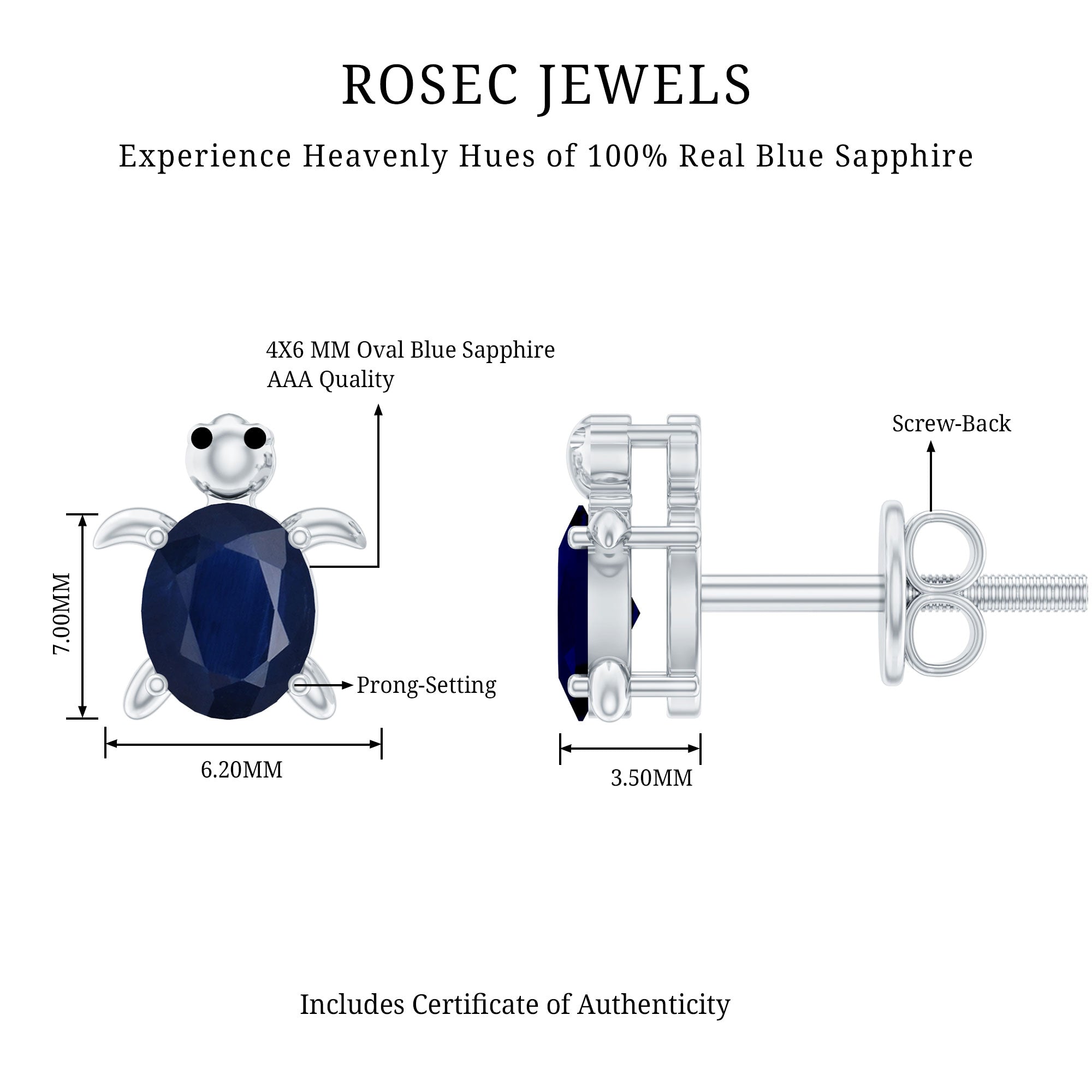 4X6MM Oval Cut Blue Sapphire Sea Turtle Earrings AAA - Rosec Jewels