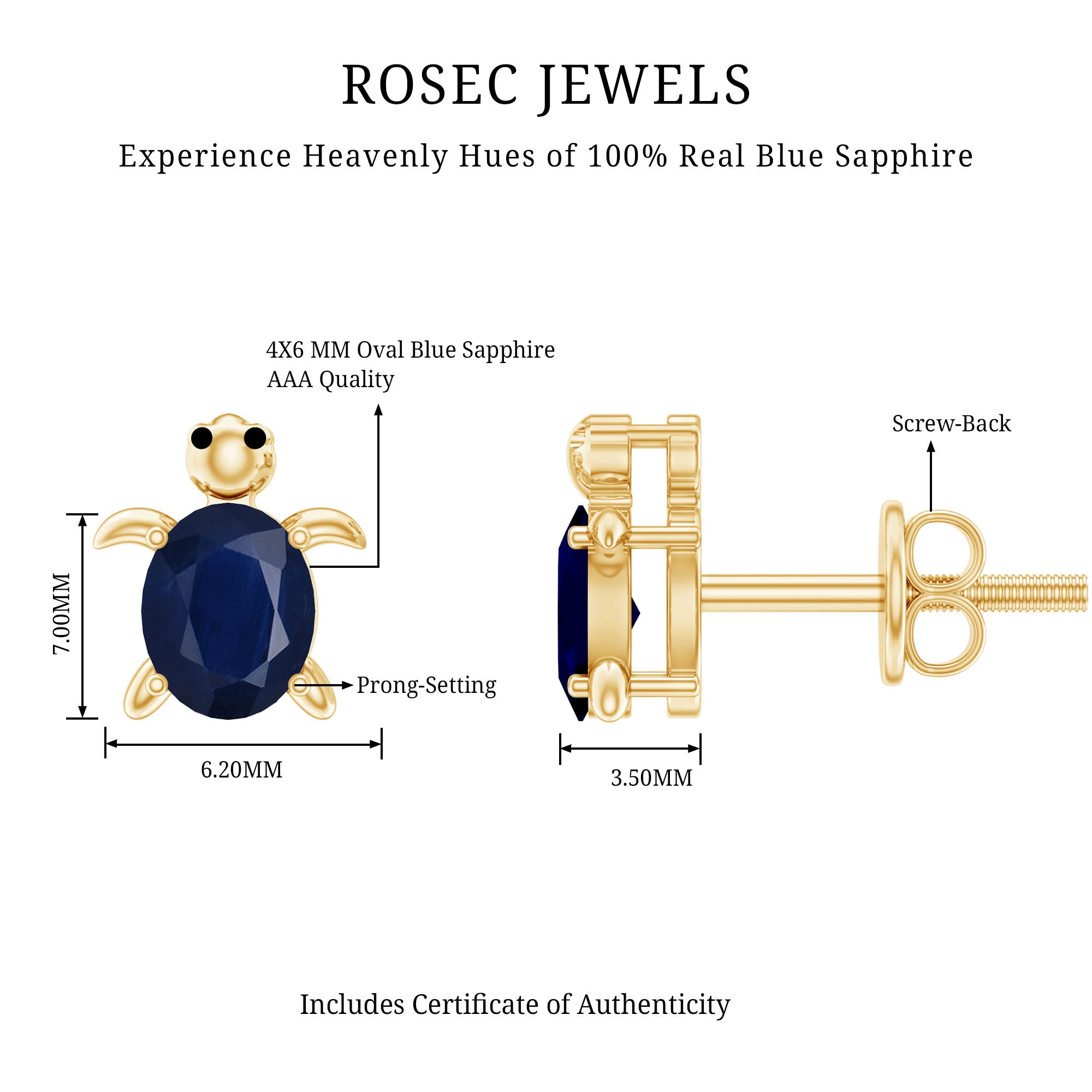 4X6MM Oval Cut Blue Sapphire Sea Turtle Earrings AAA - Rosec Jewels