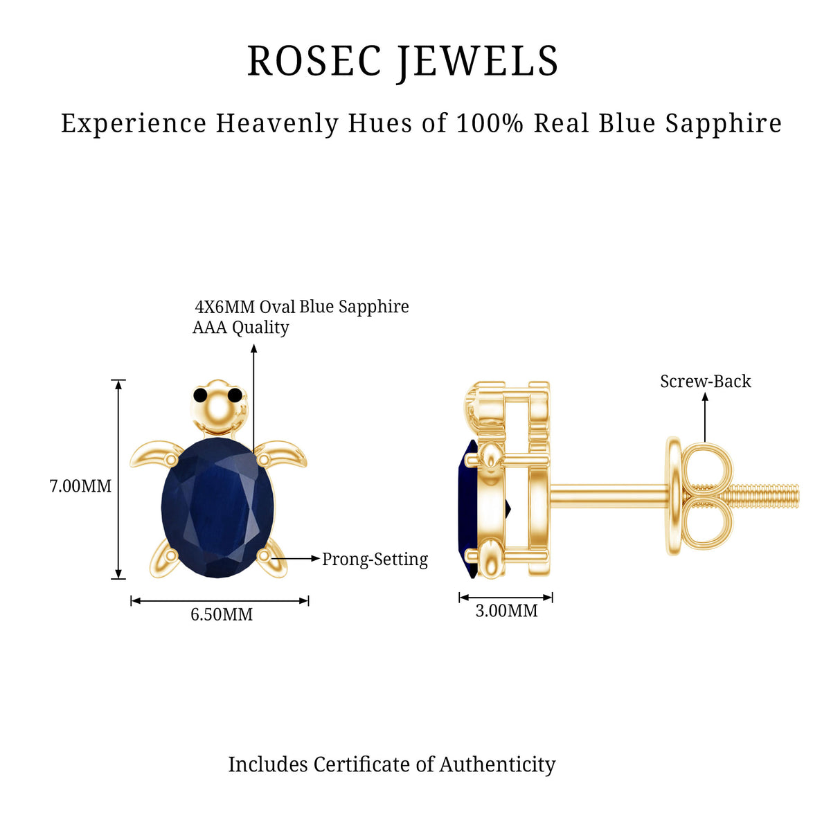 1.2 Carat Oval Cut Blue Sapphire Sea Turtle Earrings AAA - Rosec Jewels