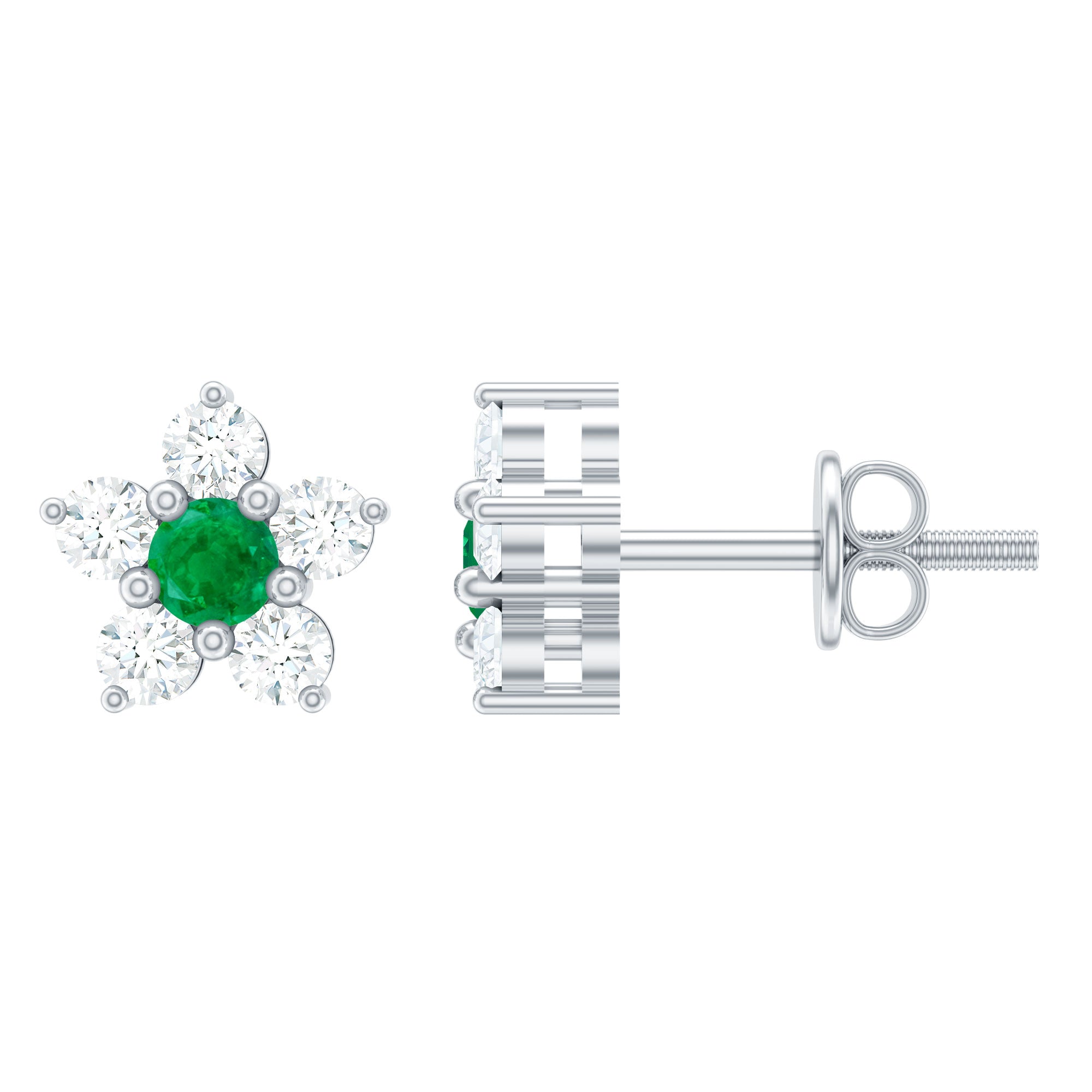 3/4 CT Emerald and Diamond Flower Cluster Stud Earring