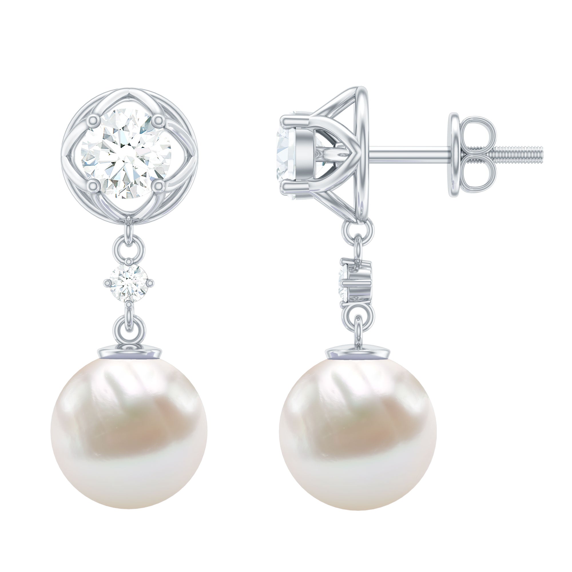 7MM Freshwater Pearl Flower Drop Earrings with Moissanite