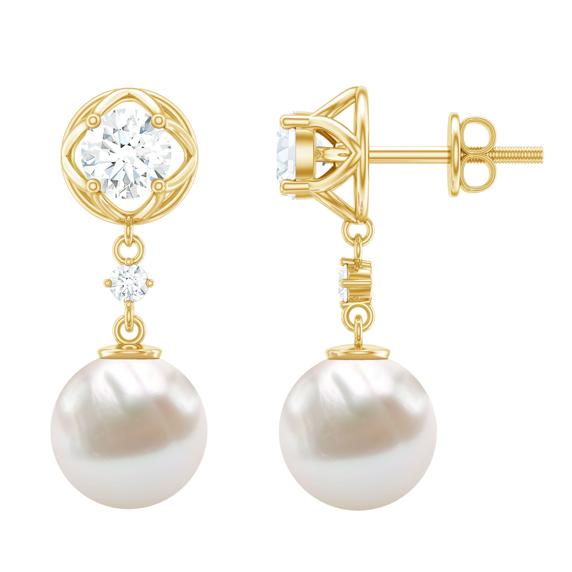 7MM Freshwater Pearl Flower Drop Earrings with Moissanite AAA - Rosec Jewels