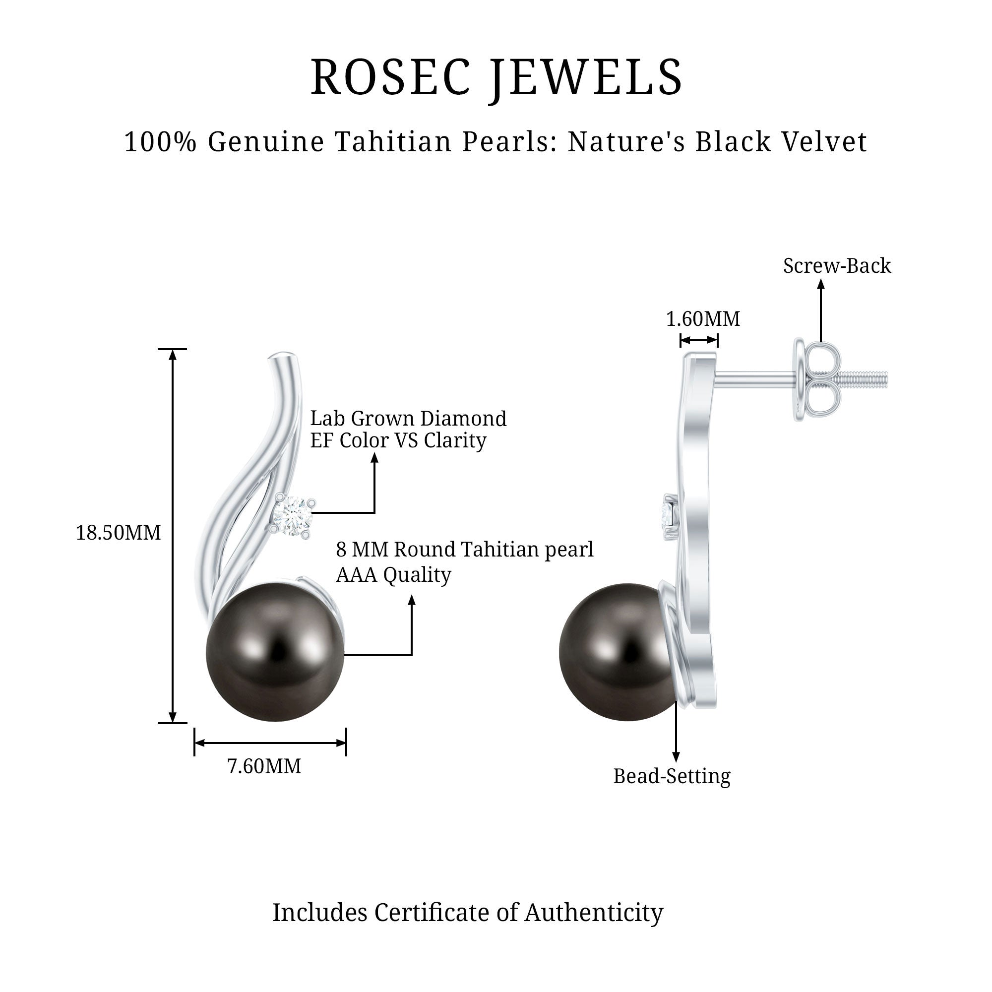 15 CT Solitaire Tahitian Black Pearl Drop Earrings for Women AAA - Rosec Jewels