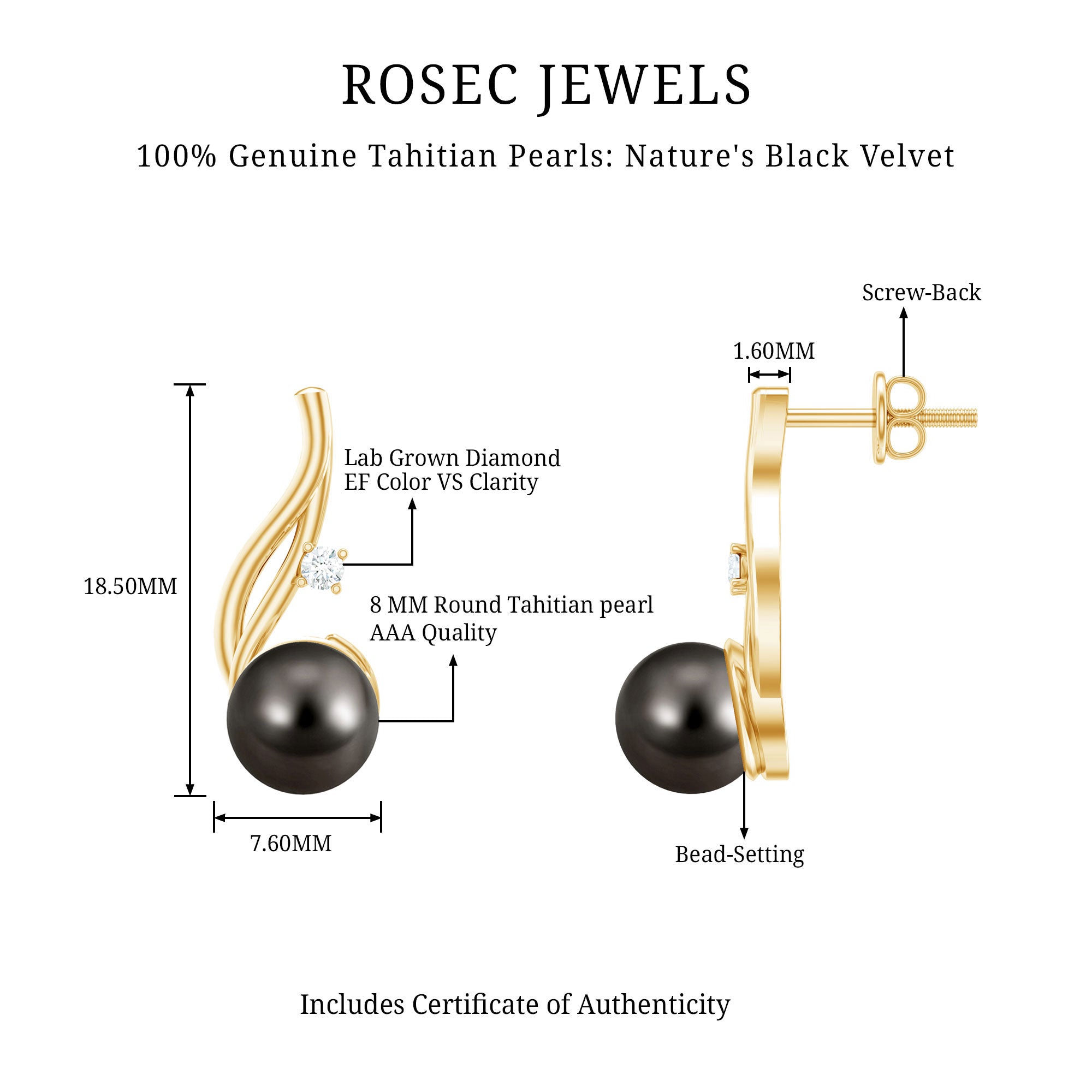 15 CT Solitaire Tahitian Black Pearl Drop Earrings for Women AAA - Rosec Jewels