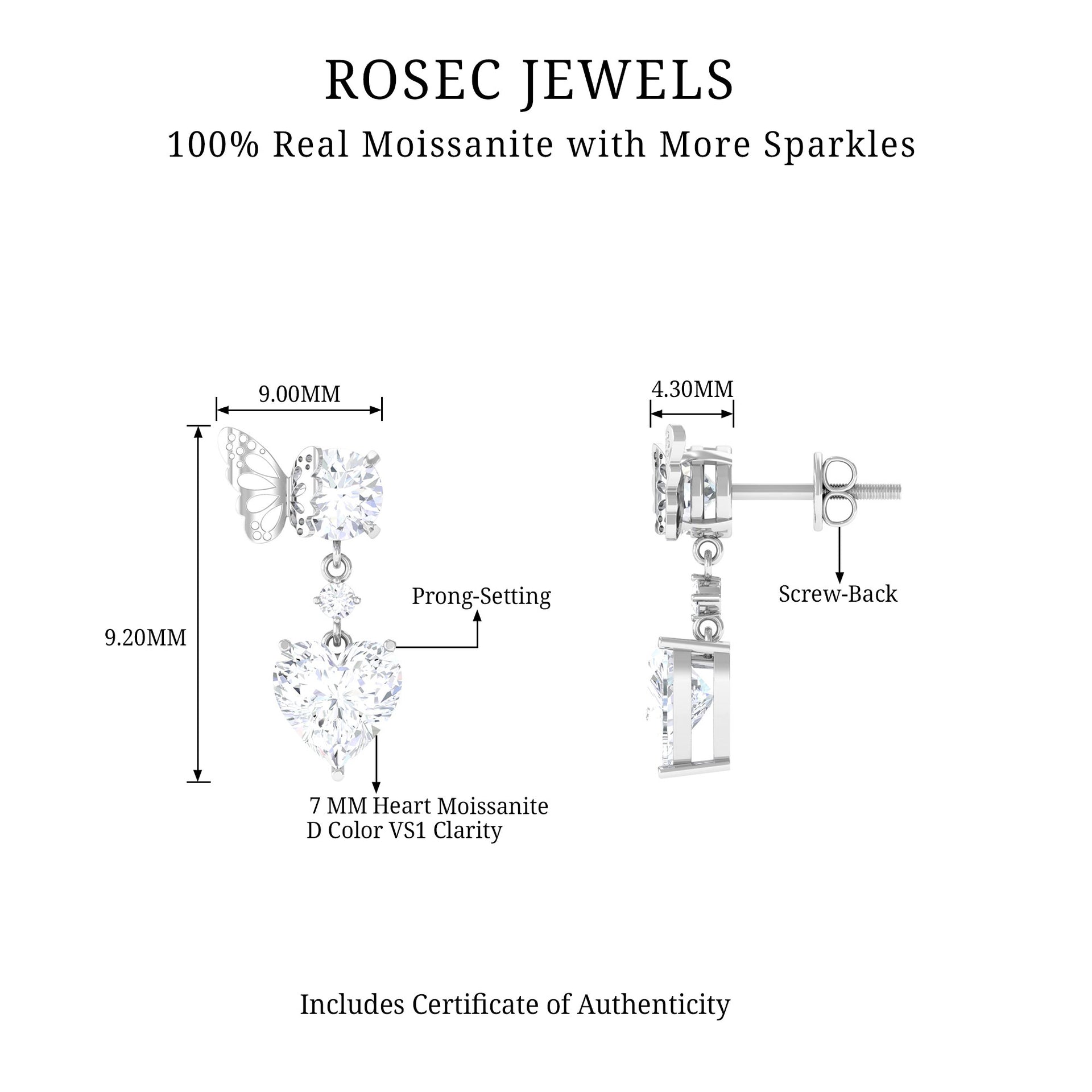 4.25 CT Certified Moissanite Butterfly Heart Drop Earrings Moissanite - ( D-VS1 ) - Color and Clarity - Rosec Jewels