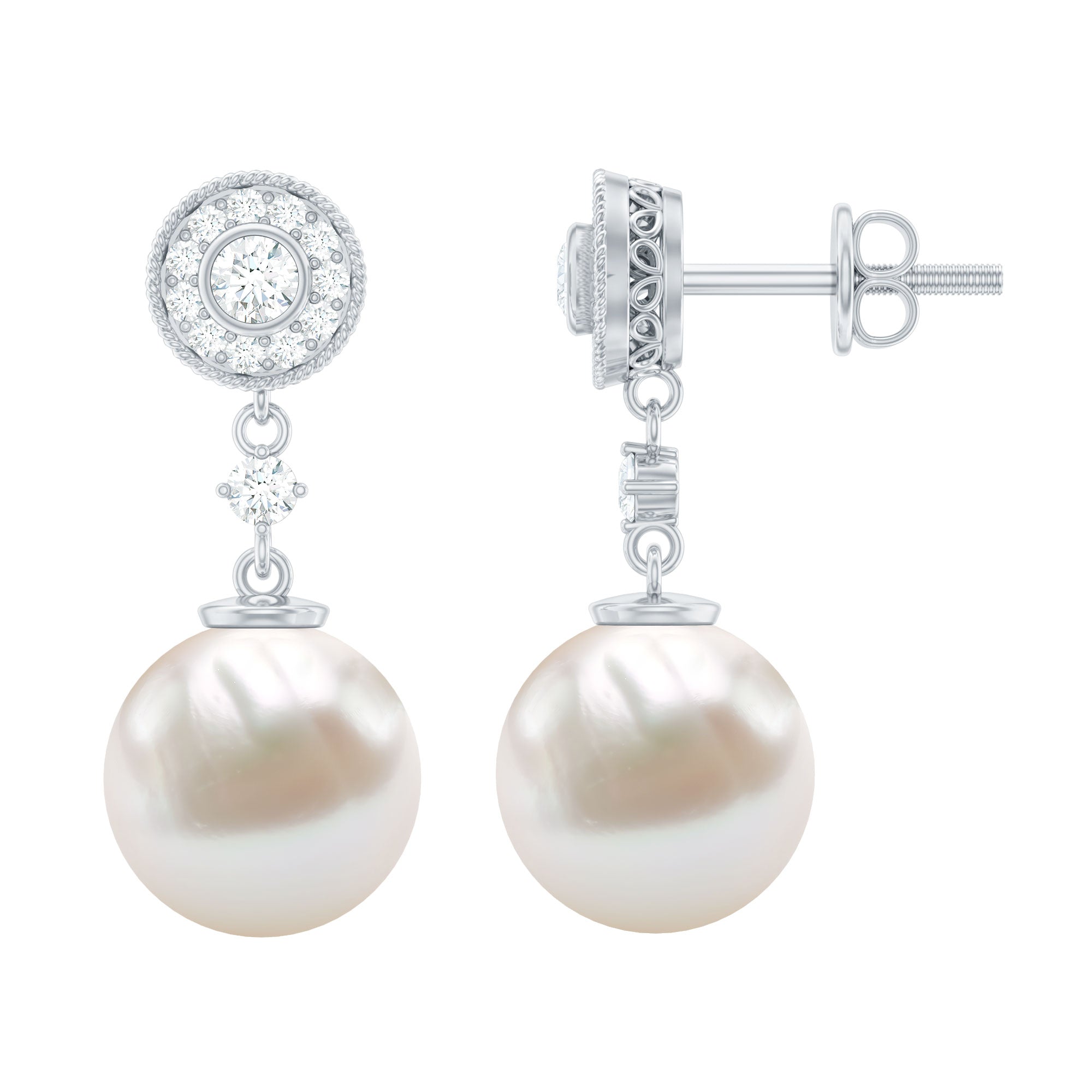 Real Pearl and Diamond Dangle Drop Earrings