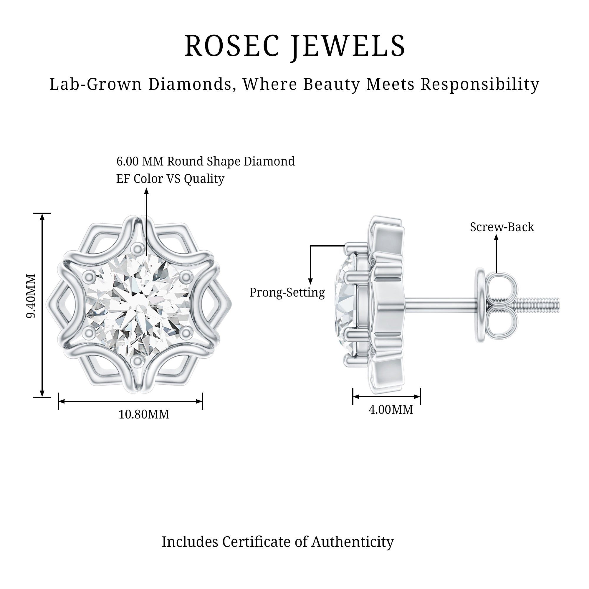 Lab Grown Diamond 1 Carat Stud Earrings With Screw Back Lab - ( EF-VS ) - Rosec Jewels