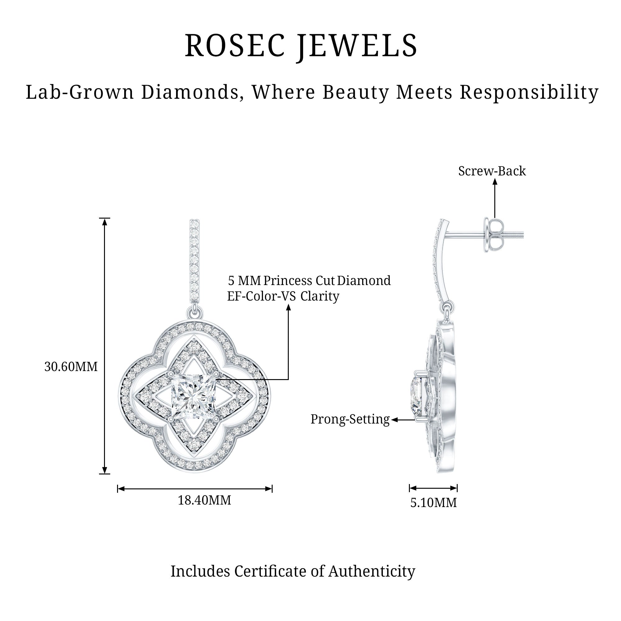 Certified Lab Grown Diamond Floral Drop Earrings Lab - ( EF-VS ) - Rosec Jewels