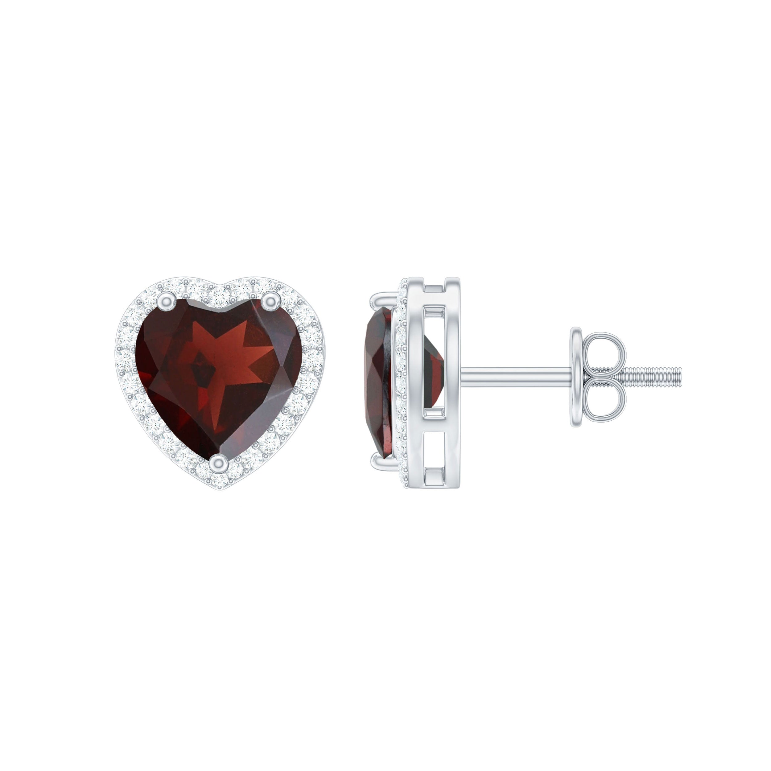 Natural 8 MM Garnet Heart Stud Earrings with Moissanite Halo
