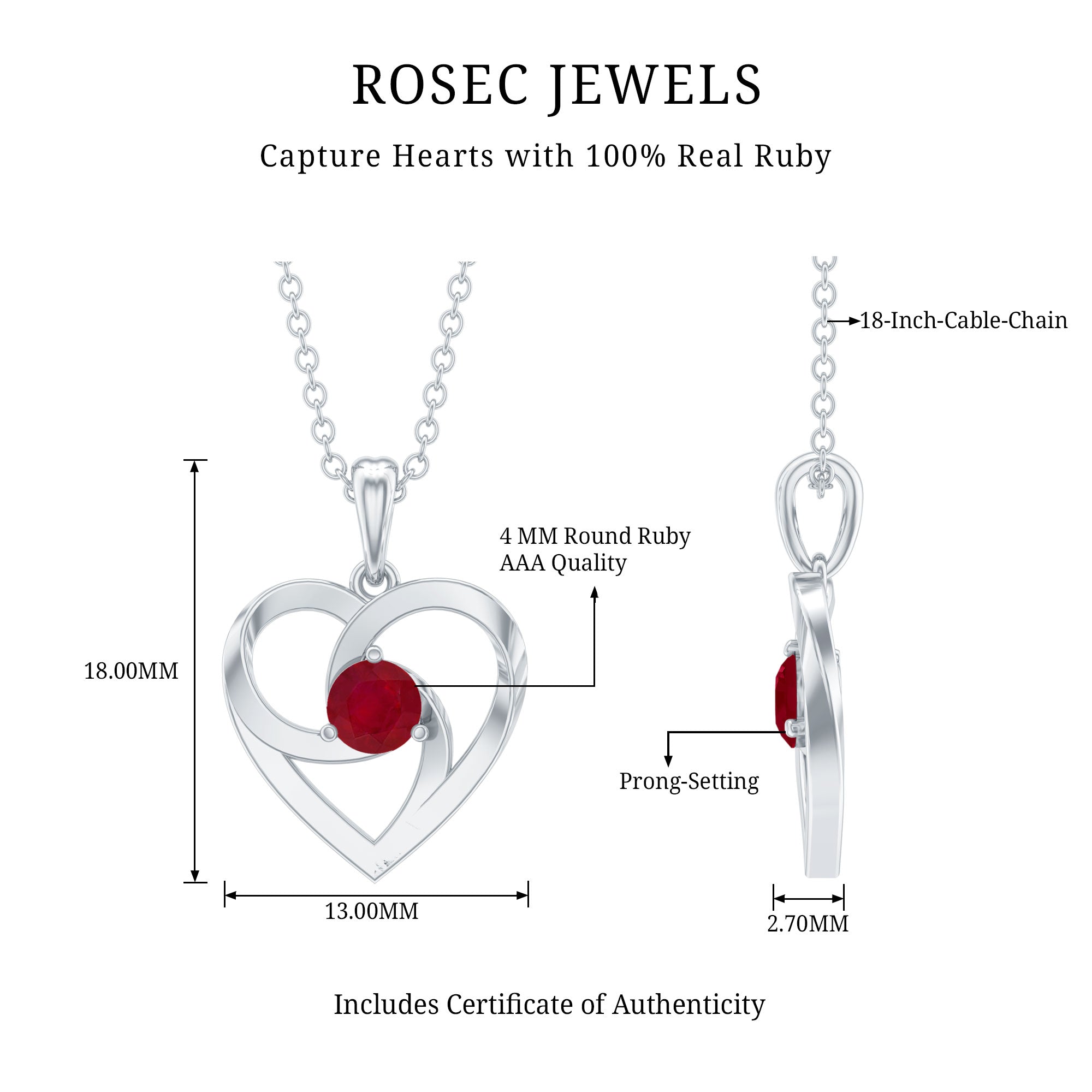 0.25 Carat Round Cut Solitaire Ruby Heart Pendant Necklace AAA - Rosec Jewels