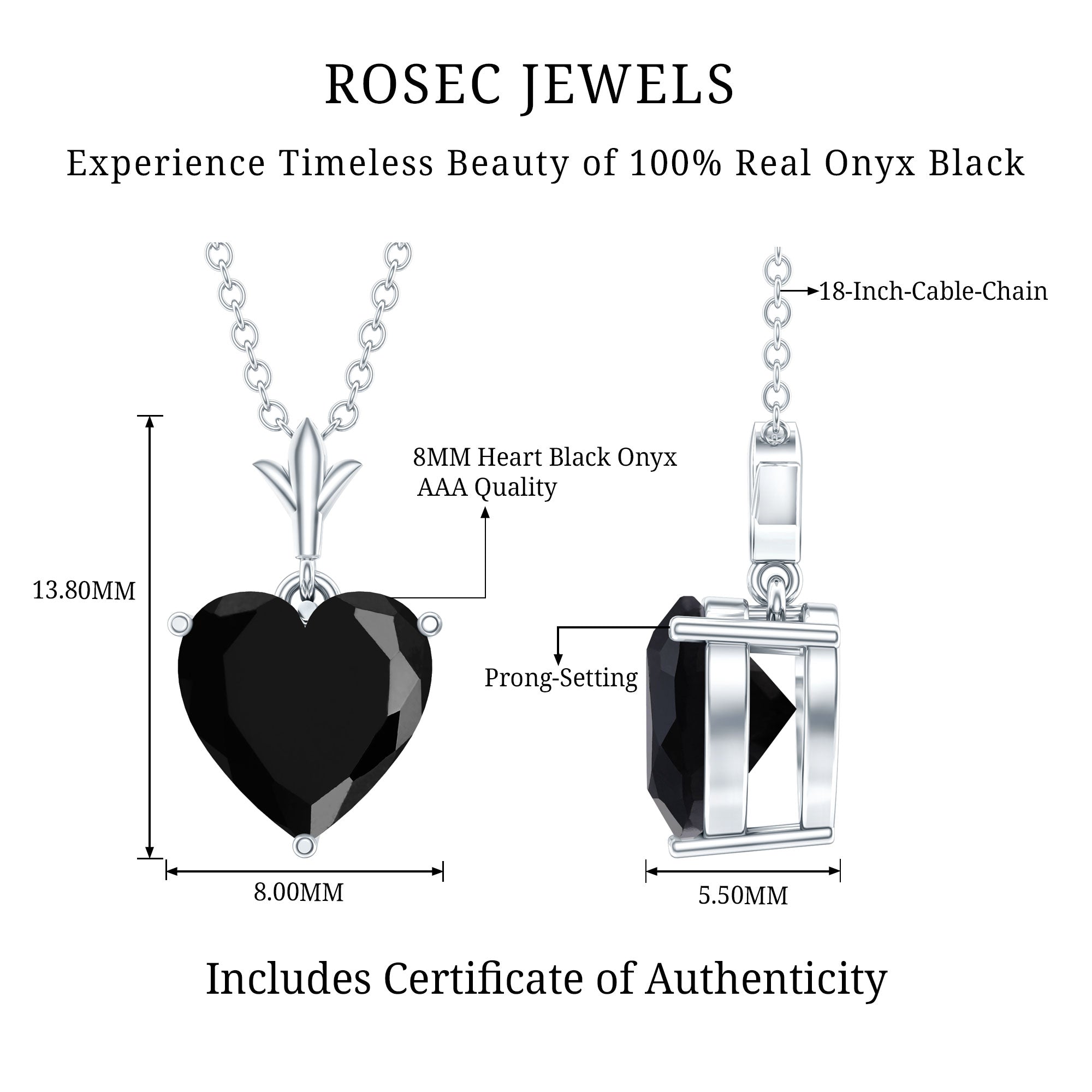 2 CT Heart Shape Black Onyx Solitaire Pendant AAA - Rosec Jewels