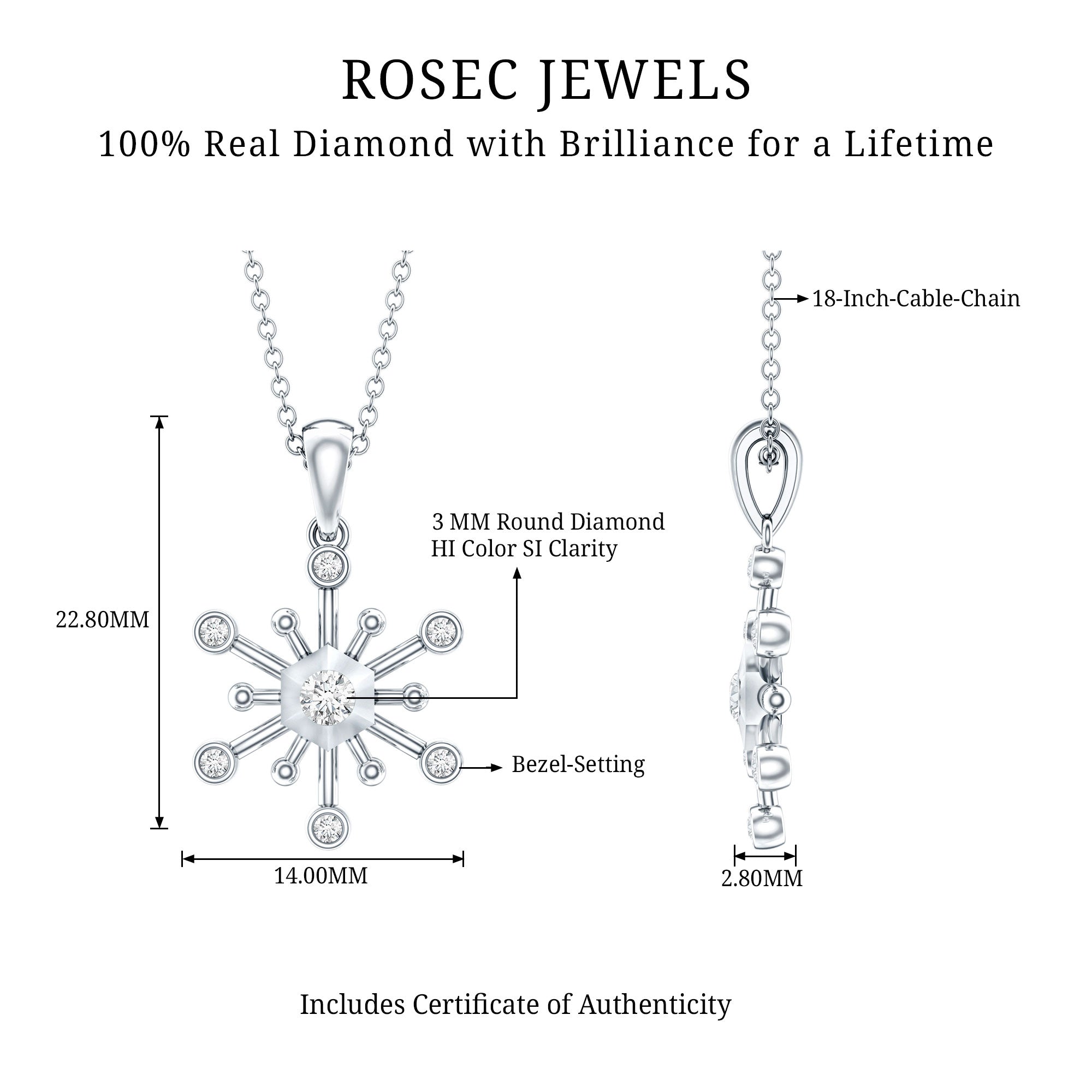 Diamond Snowflake Pendant Necklace for Women Natural - ( HI-SI ) - Rosec Jewels