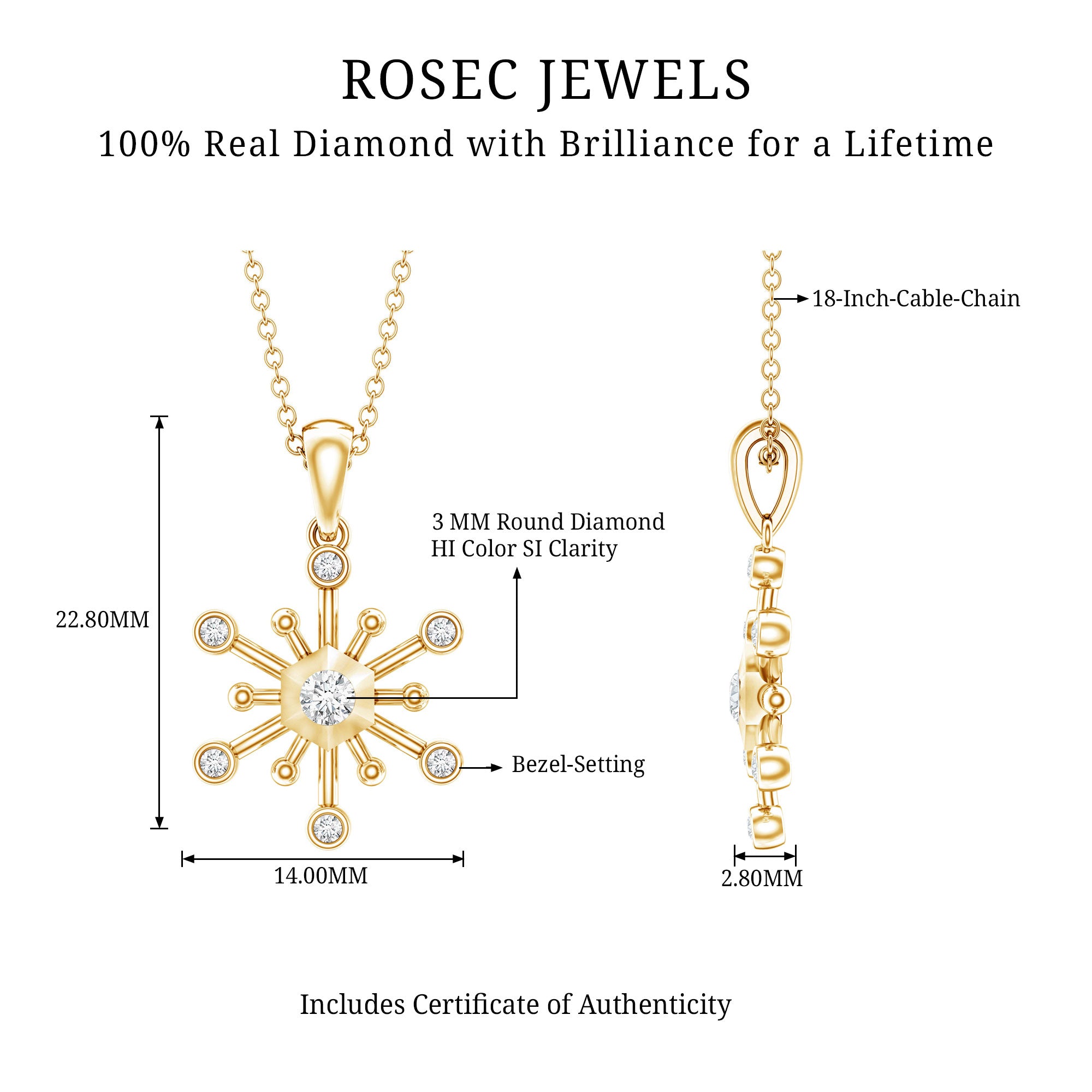 Diamond Snowflake Pendant Necklace for Women Natural - ( HI-SI ) - Rosec Jewels