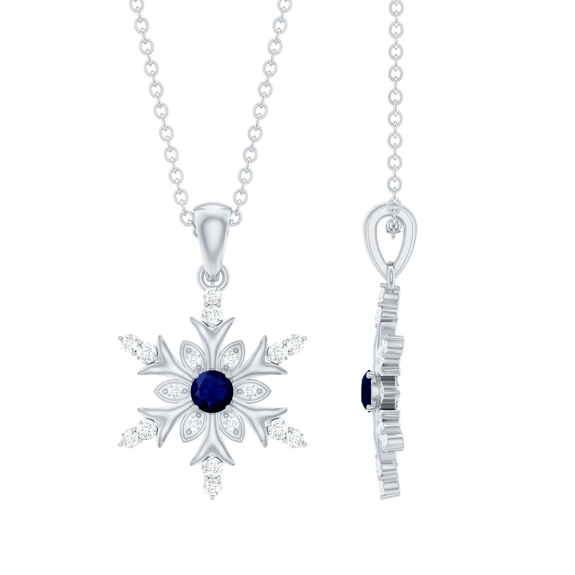 0.5 CT Contemporary Blue Sapphire and Diamond Snowflake Pendant Necklace