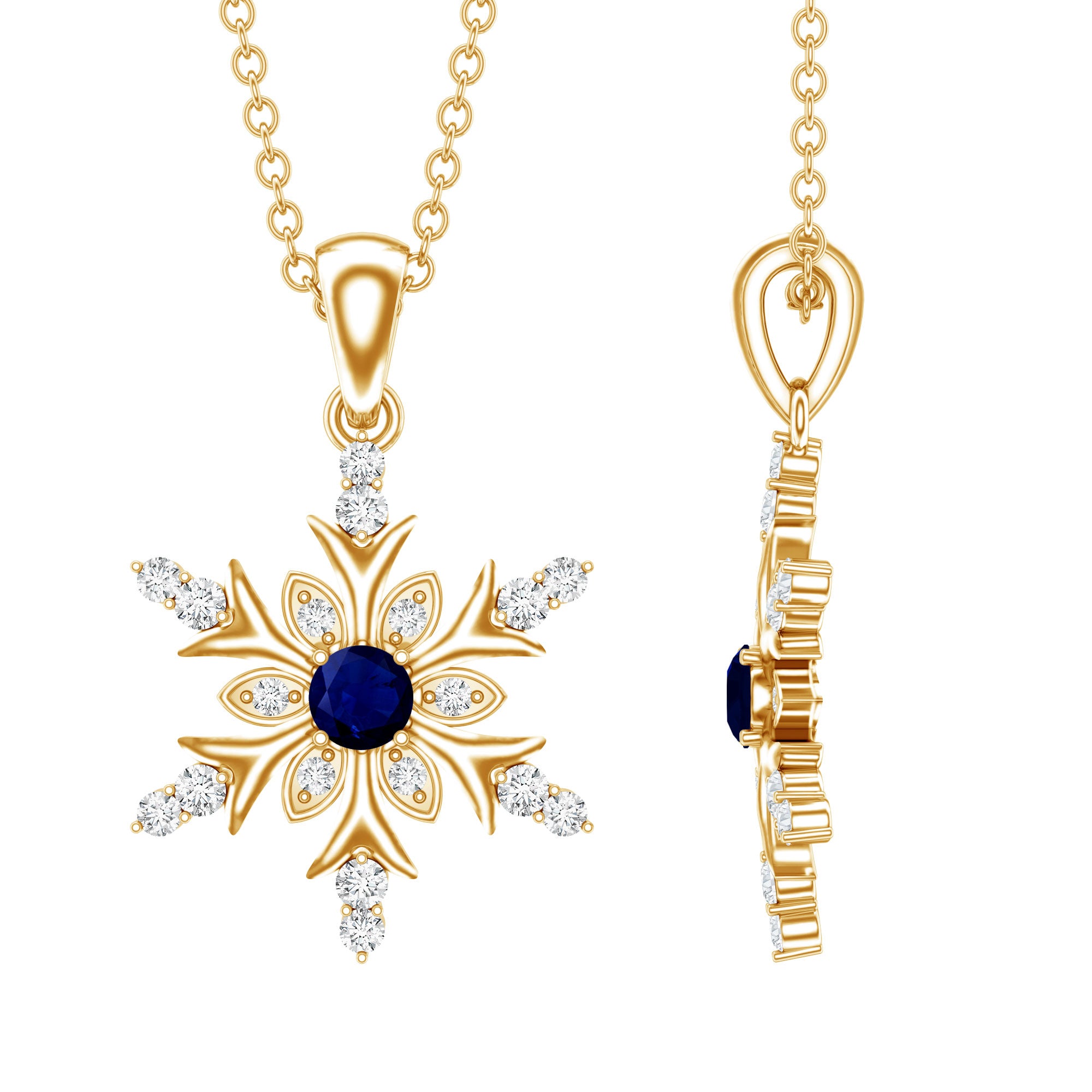 Contemporary Blue Sapphire and Diamond Snowflake Pendant Necklace AAA - Rosec Jewels