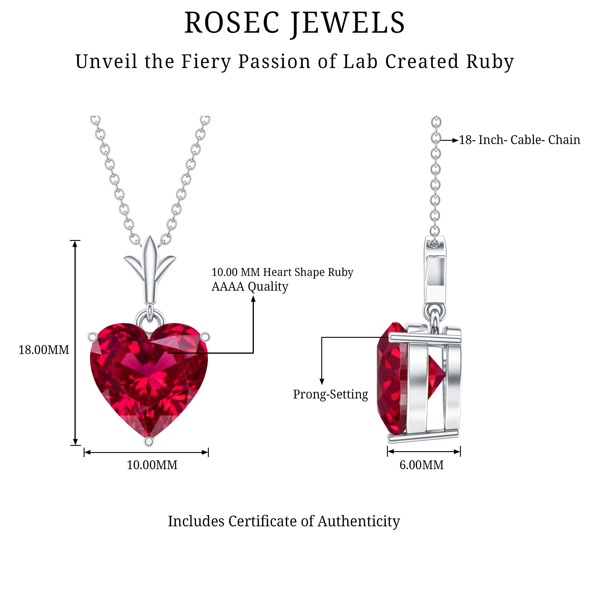 10 MM Lab Grown Ruby Solitaire Heart Necklace AAAA - Rosec Jewels