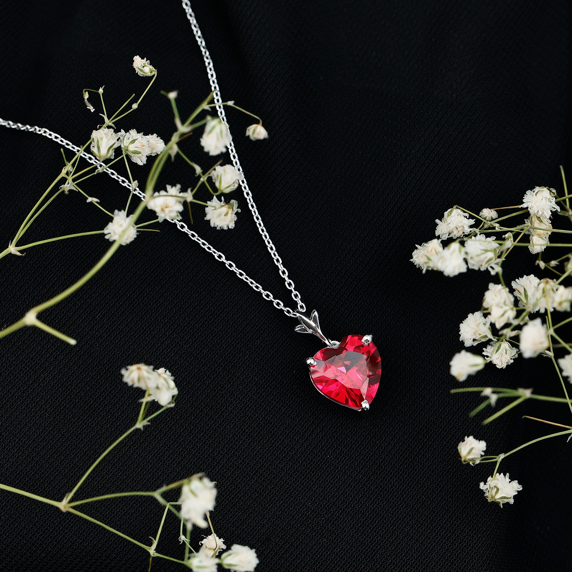 10 MM Lab Grown Ruby Solitaire Heart Necklace AAAA - Rosec Jewels