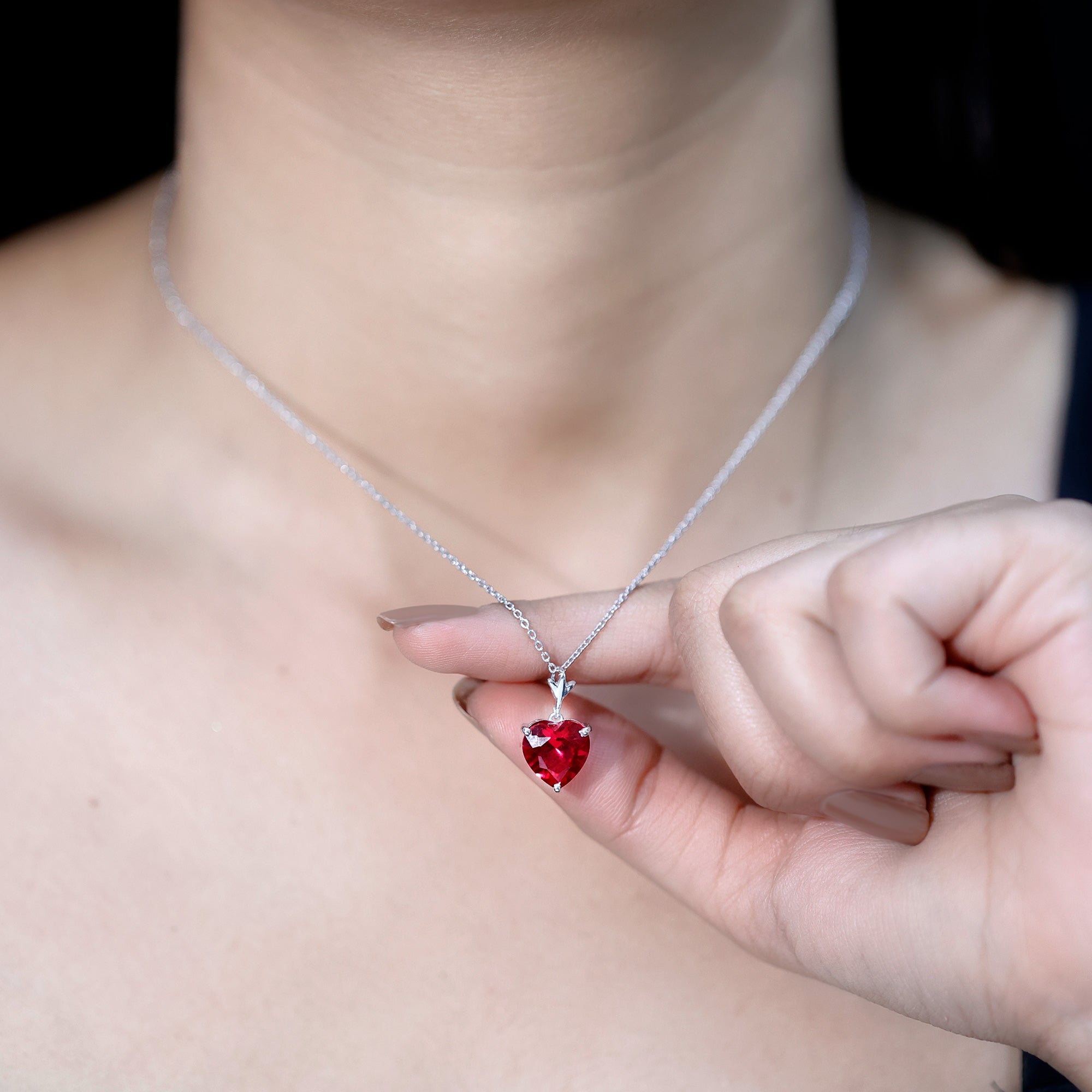 10 MM Lab Grown Ruby Solitaire Heart Necklace AAAA - Rosec Jewels