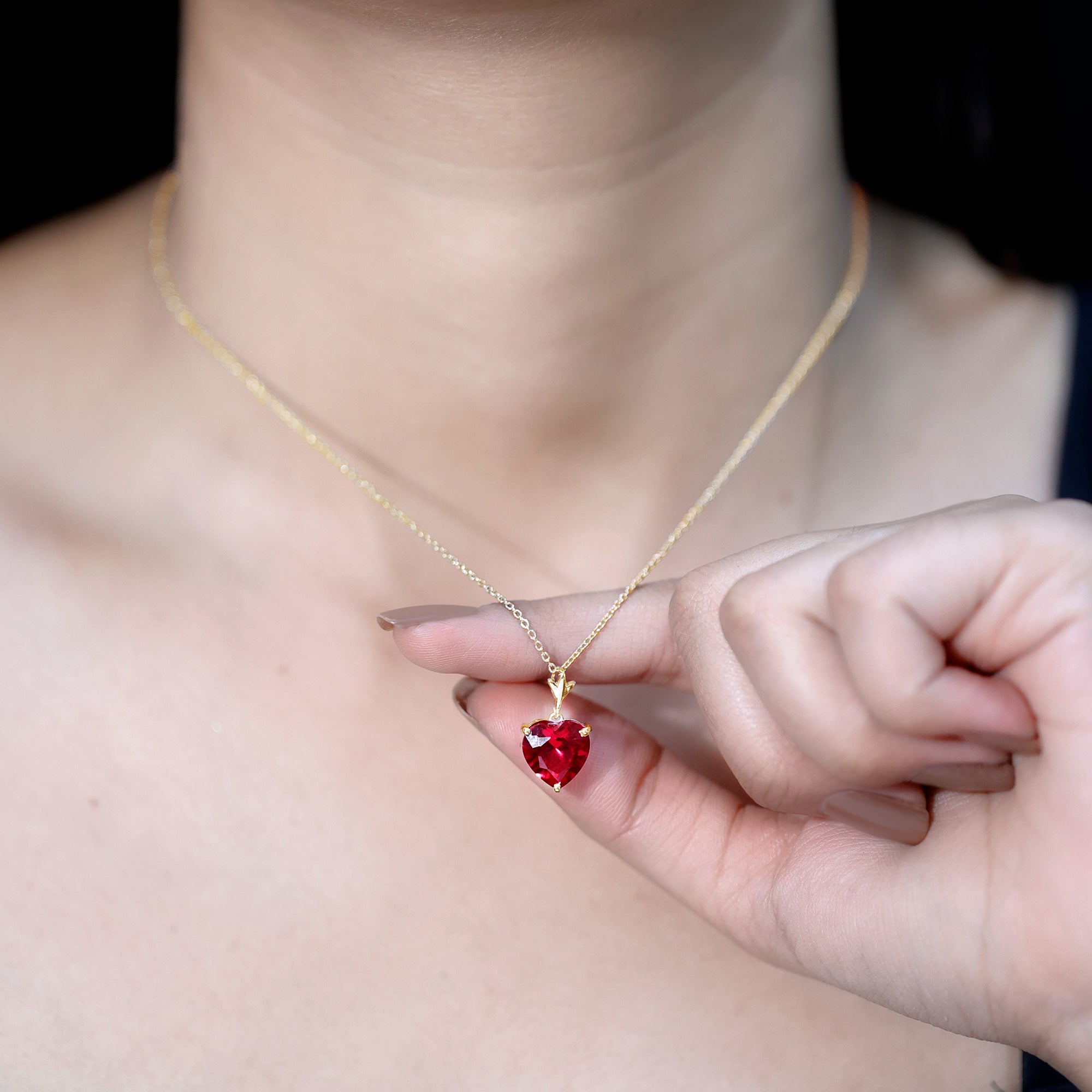 10 MM Lab Grown Ruby Solitaire Heart Necklace AAAA - Rosec Jewels