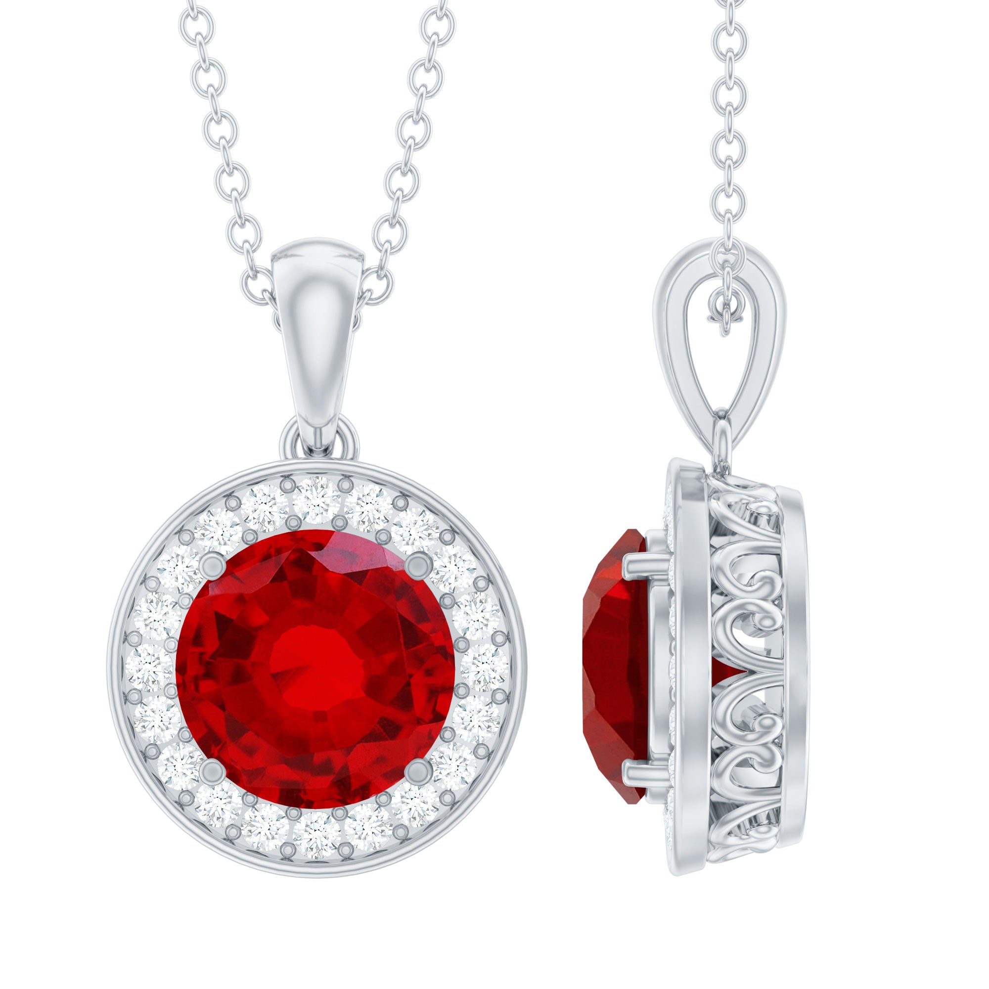 Lab Grown Ruby Round Halo Necklace with Moissanite
