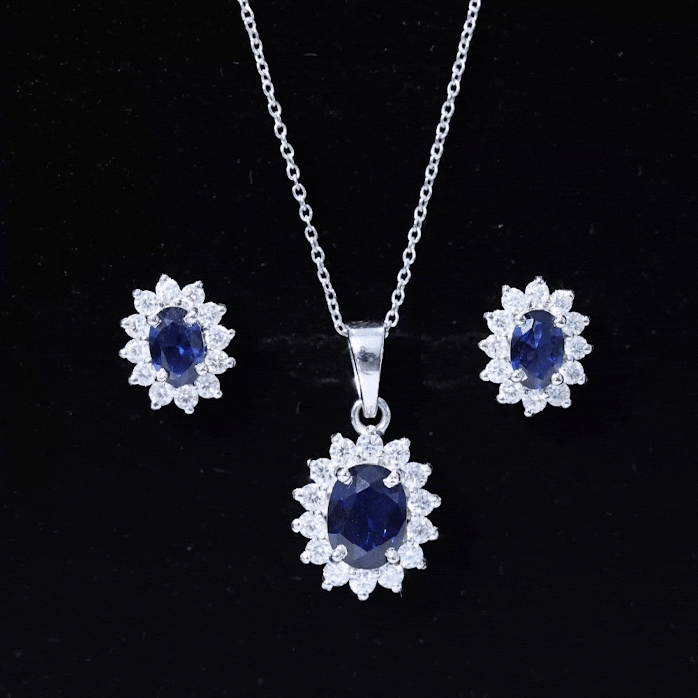 Princess Diana Inspired Lab Grown Blue Sapphire Necklace Earrings Set in Silver AAAA 92.5 Sterling Silver - Rosec Jewels