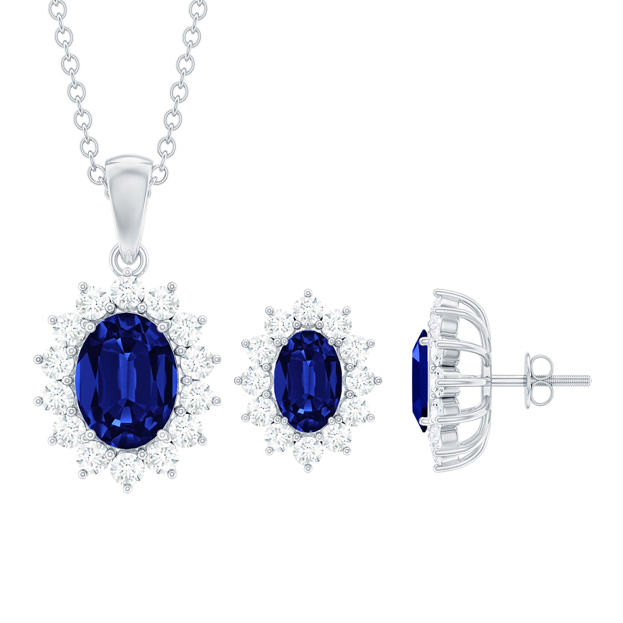 Princess Diana Inspired Lab Grown Blue Sapphire Necklace Earrings Set with Moissanite