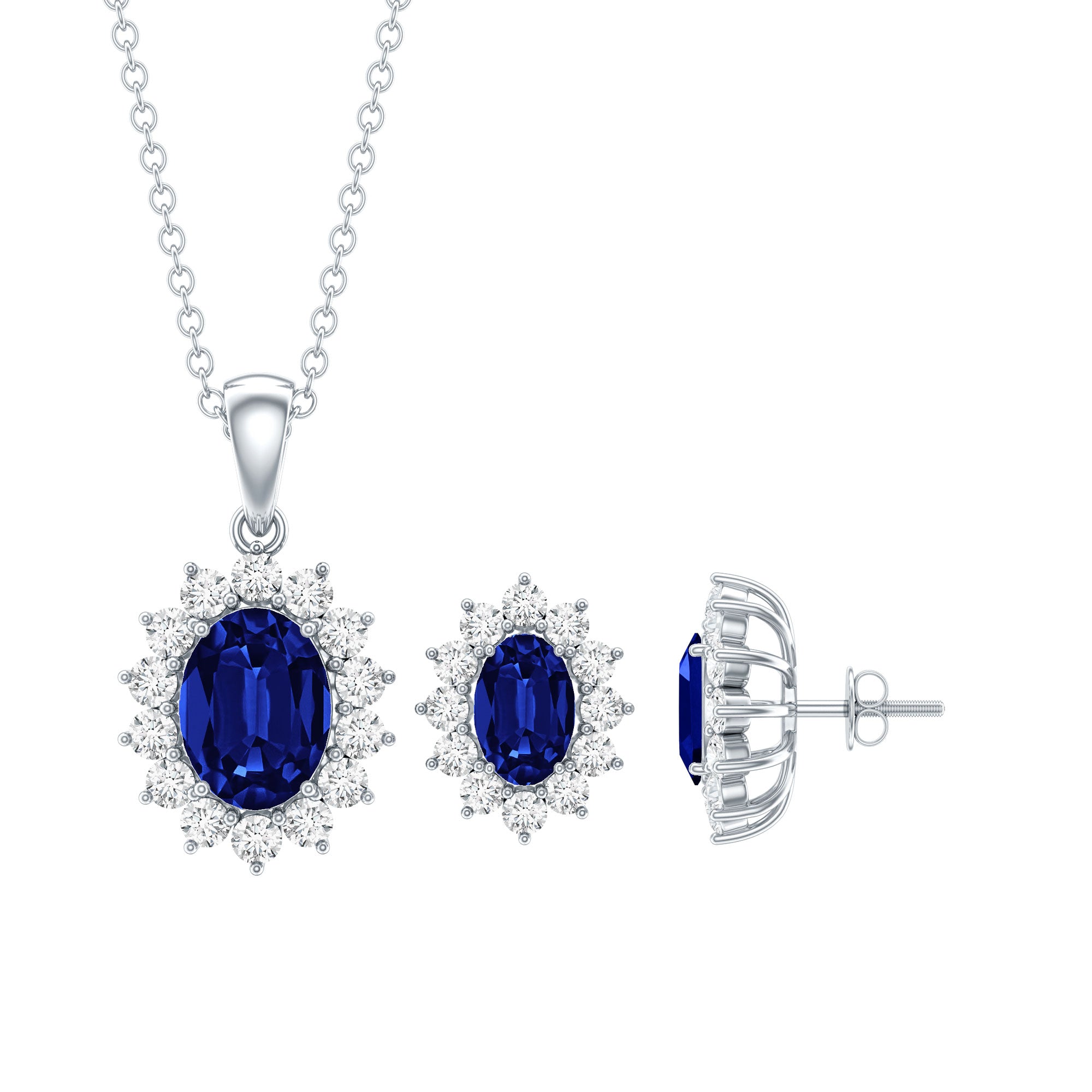 Princess Diana Inspired Lab Grown Blue Sapphire Necklace Earrings Set in Silver AAAA 92.5 Sterling Silver - Rosec Jewels