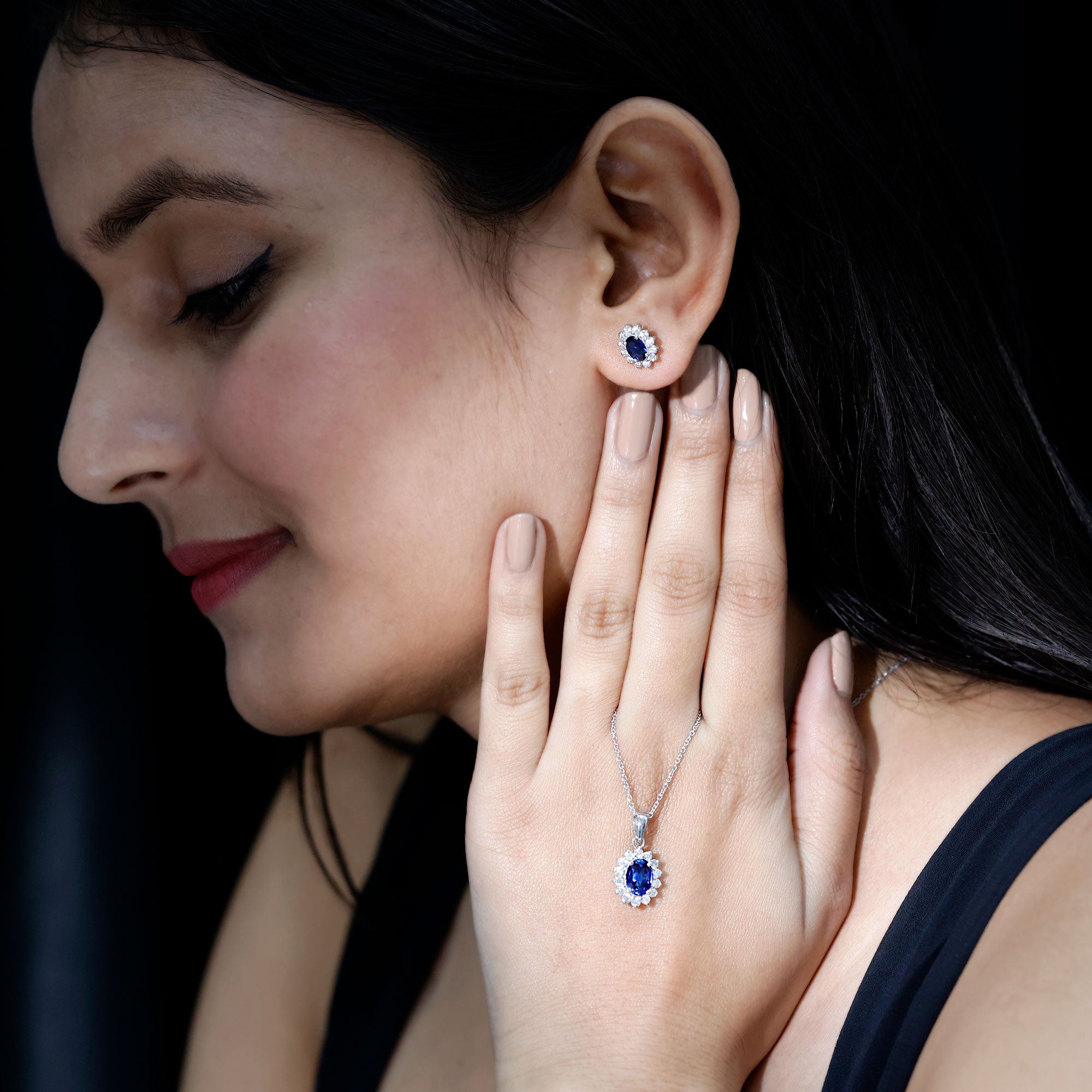 Princess Diana Inspired Lab Grown Blue Sapphire Necklace Earrings Set in Silver AAAA 92.5 Sterling Silver - Rosec Jewels
