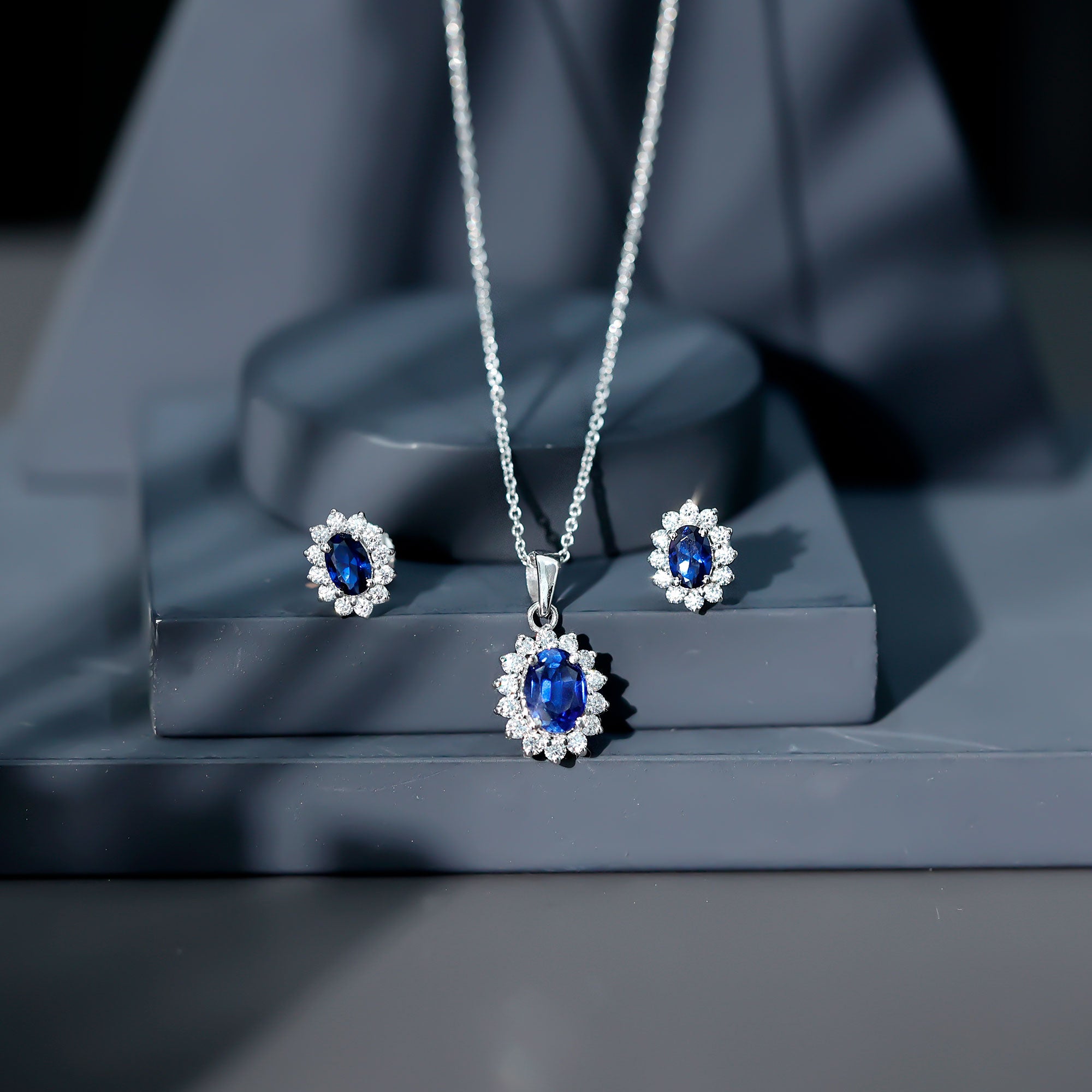 Princess Diana Inspired Lab Grown Blue Sapphire Necklace Earrings Set in Silver AAAA 92.5 Sterling Silver - Rosec Jewels