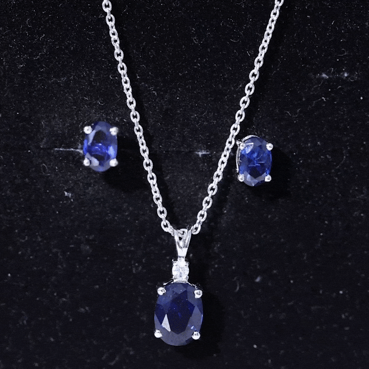Sterling Silver Lab Grown Blue Sapphire Bridal Necklace and Earrings Set AAAA 92.5 Sterling Silver - Rosec Jewels