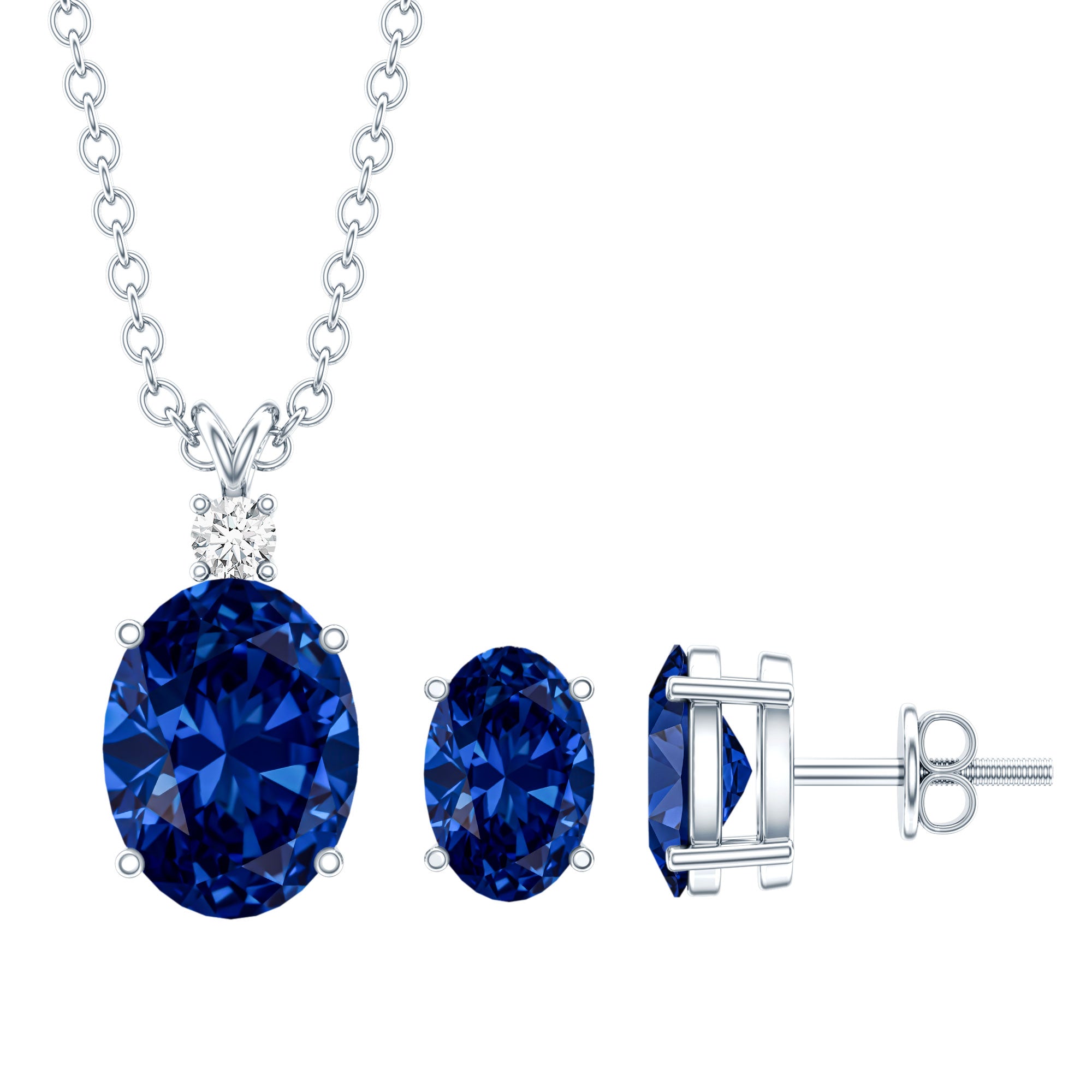 Sterling Silver Lab Grown Blue Sapphire Bridal Necklace and Earrings Set AAAA 92.5 Sterling Silver - Rosec Jewels