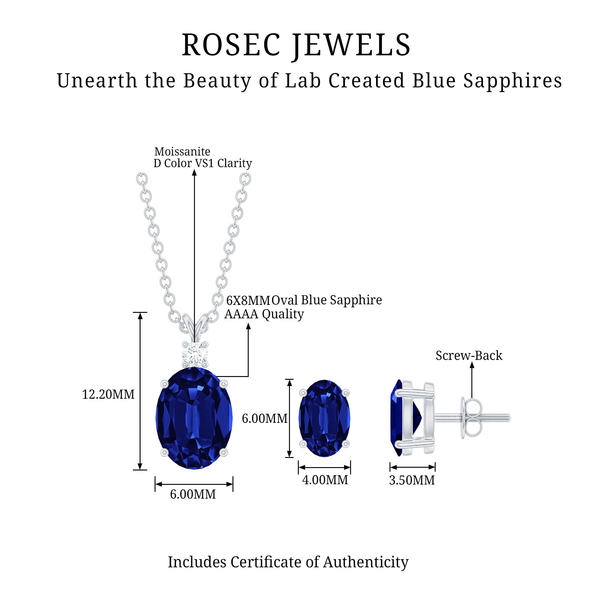 Lab Grown Blue Sapphire Solitaire Jewelry Set with Moissanite AAAA - Rosec Jewels