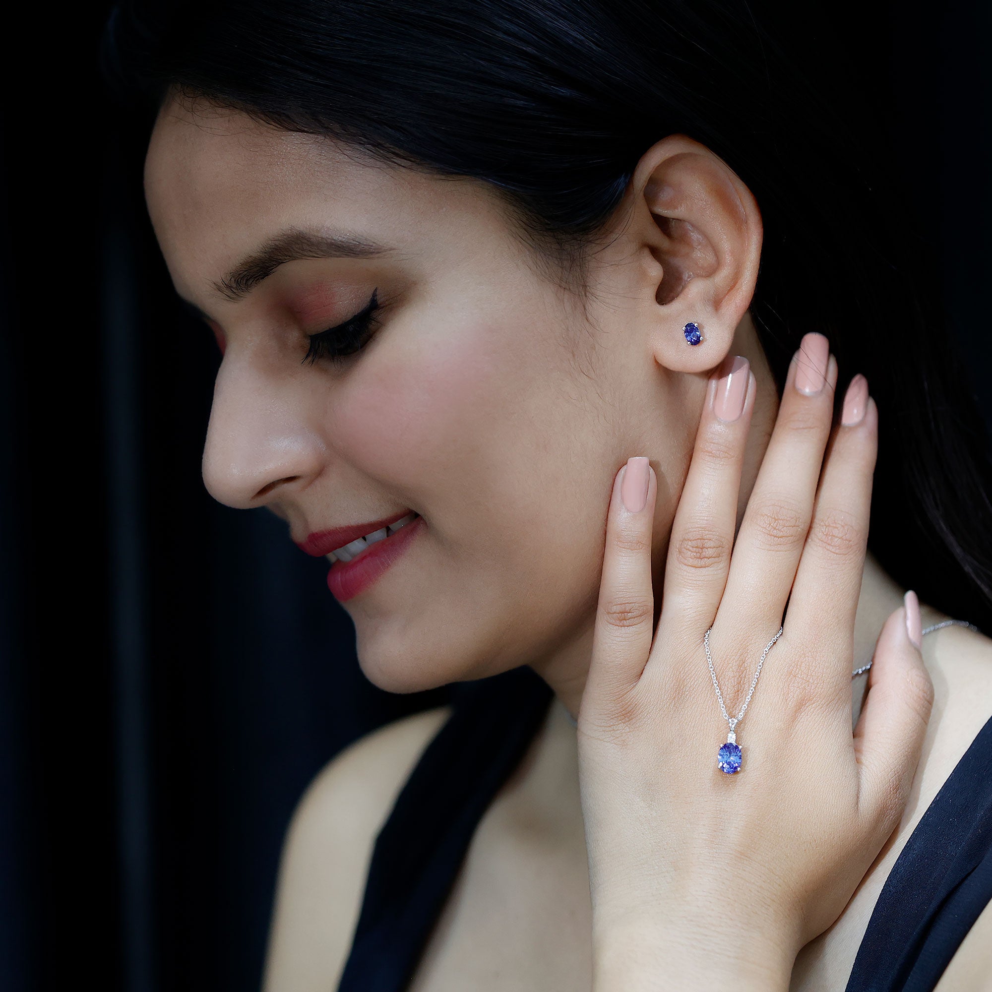 Sterling Silver Lab Grown Blue Sapphire Bridal Necklace and Earrings Set AAAA 92.5 Sterling Silver - Rosec Jewels