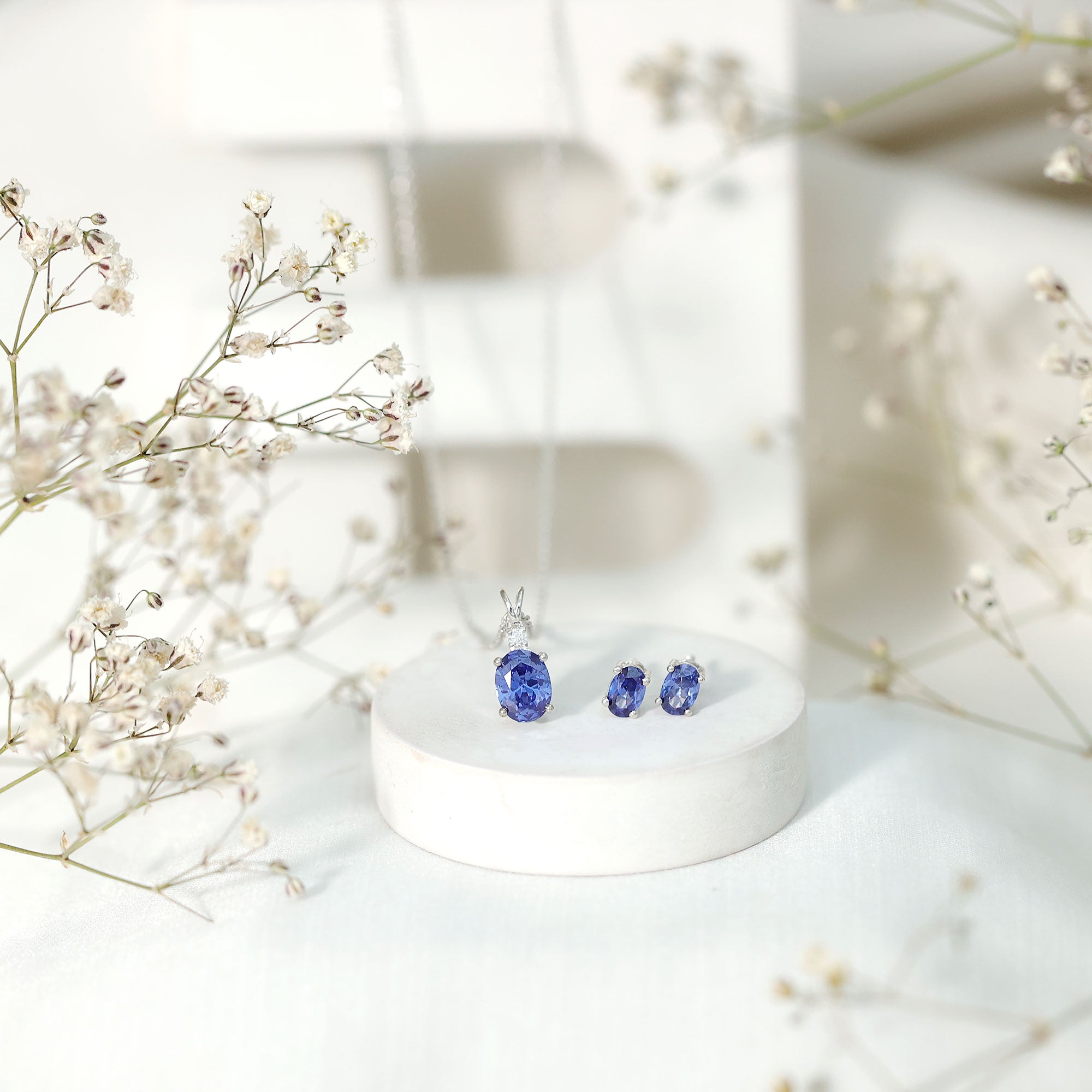 Sterling Silver Lab Grown Blue Sapphire Bridal Necklace and Earrings Set AAAA 92.5 Sterling Silver - Rosec Jewels