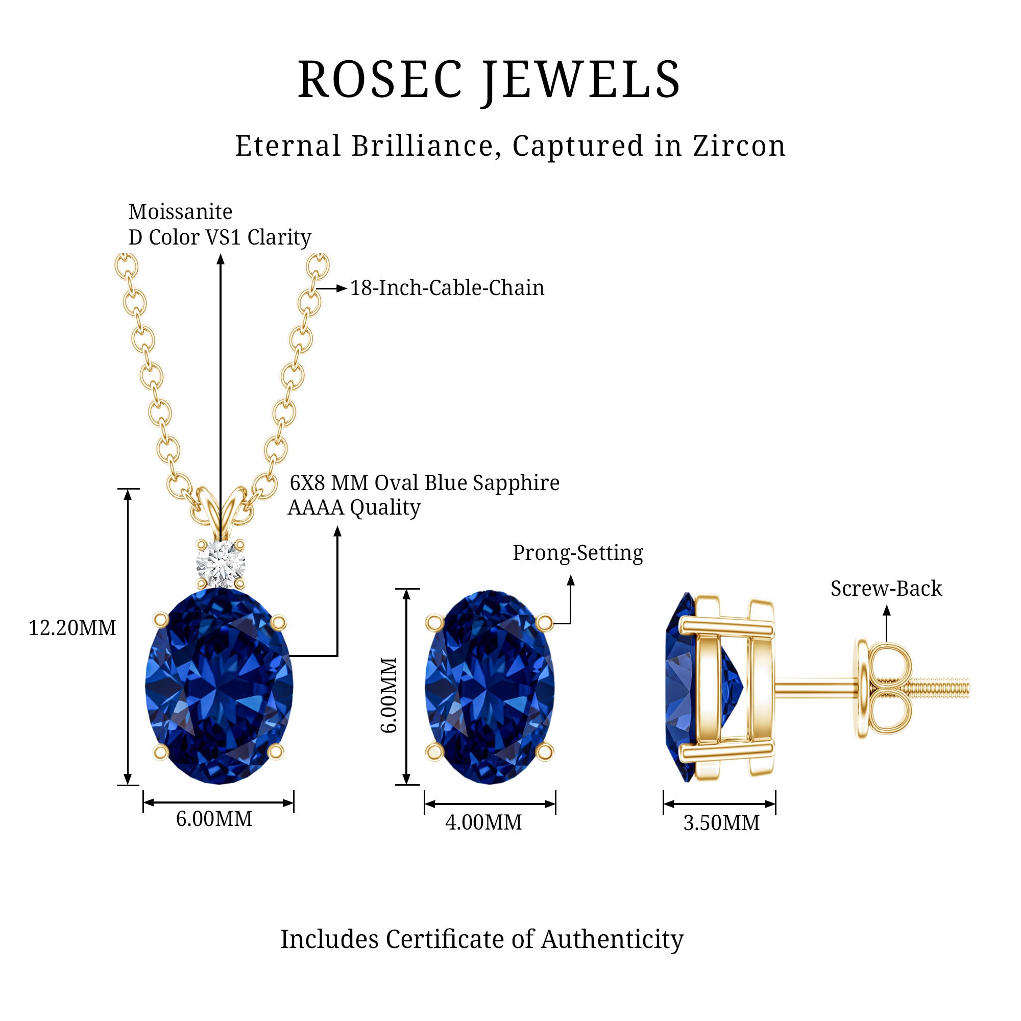 Lab Grown Blue Sapphire Solitaire Jewelry Set with Moissanite AAAA - Rosec Jewels