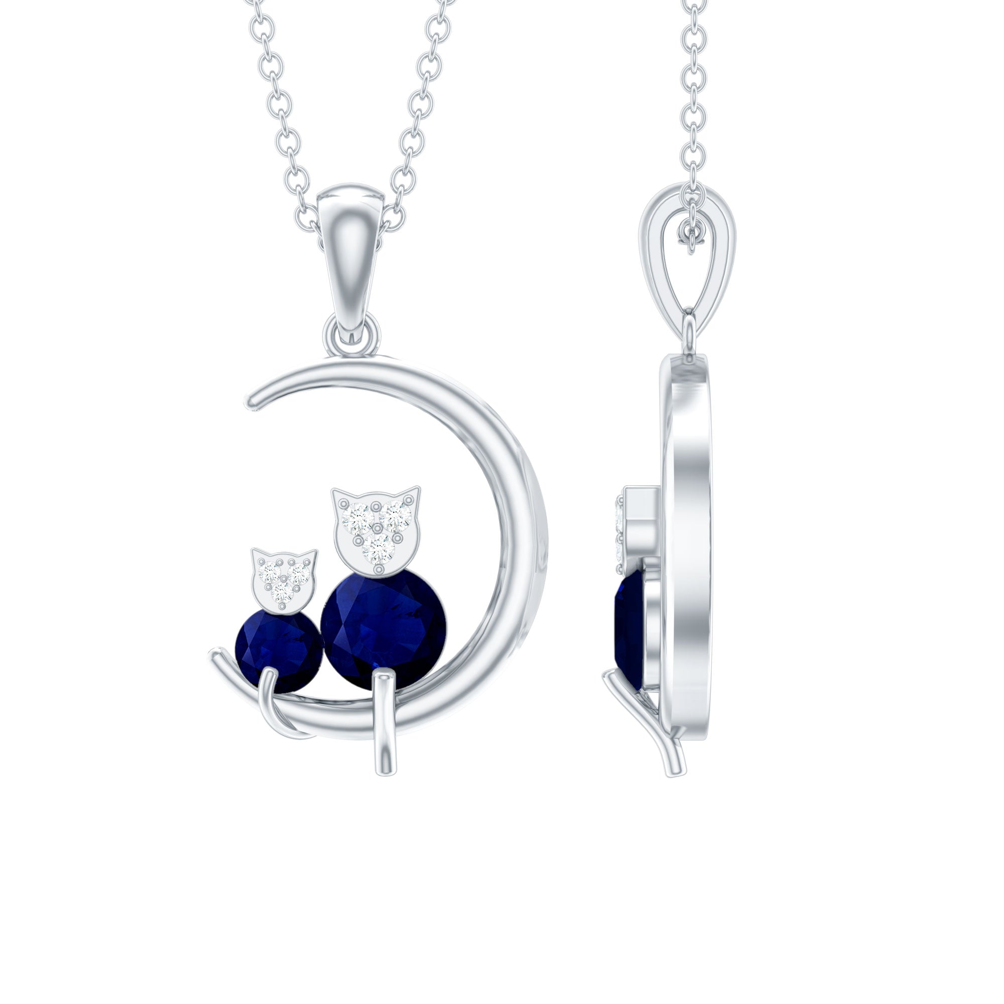 Genuine Blue Sapphire and Diamond Cat On Moon Necklace With Chain