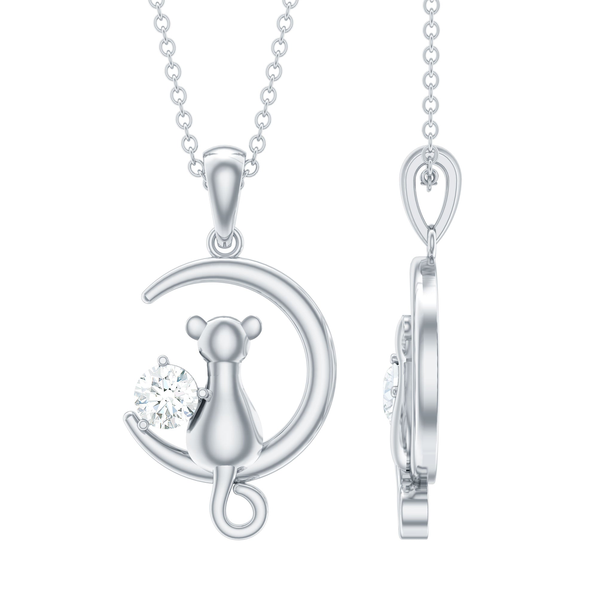 Certified Diamond Cat on Moon Necklace