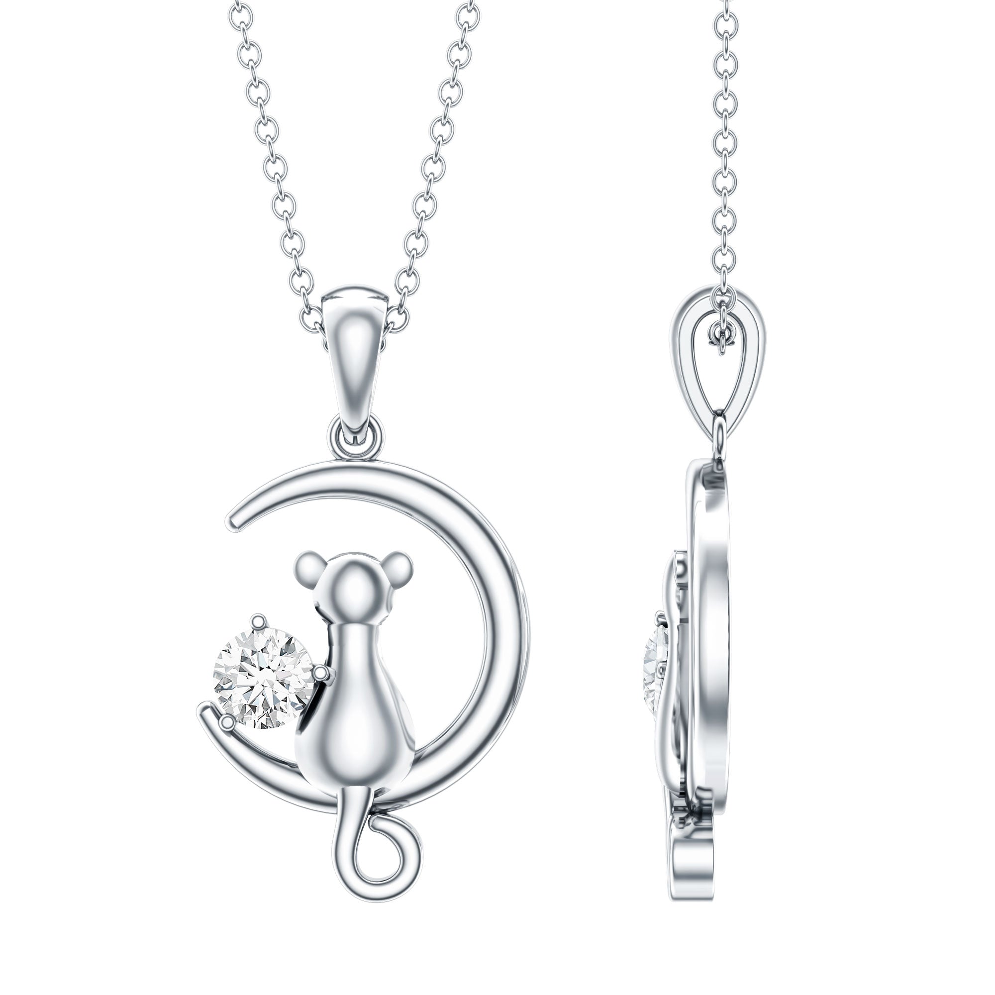 Certified Diamond Cat on Moon Necklace Natural - ( HI-SI ) - Rosec Jewels