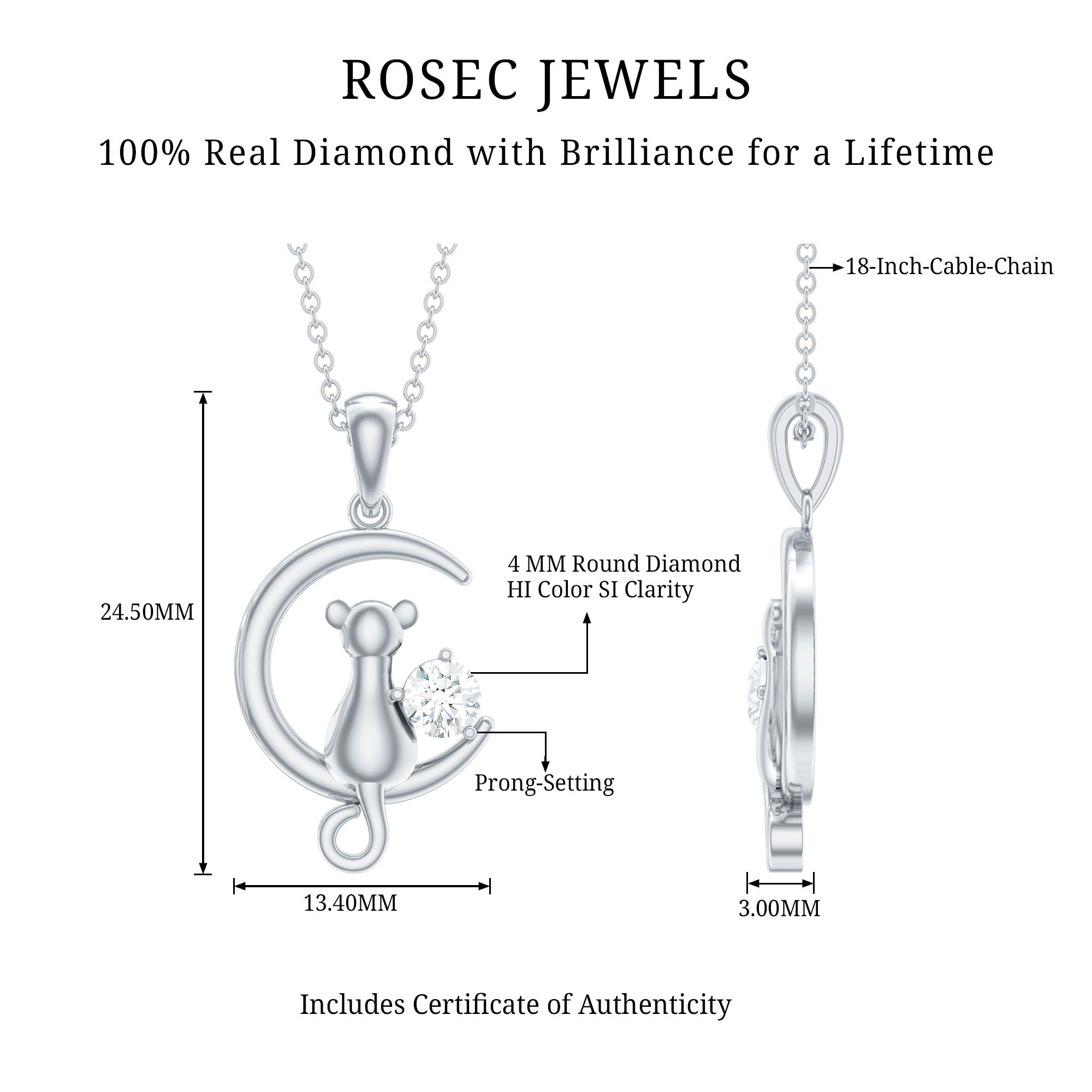 Certified Diamond Cat on Moon Necklace Natural - ( HI-SI ) - Rosec Jewels