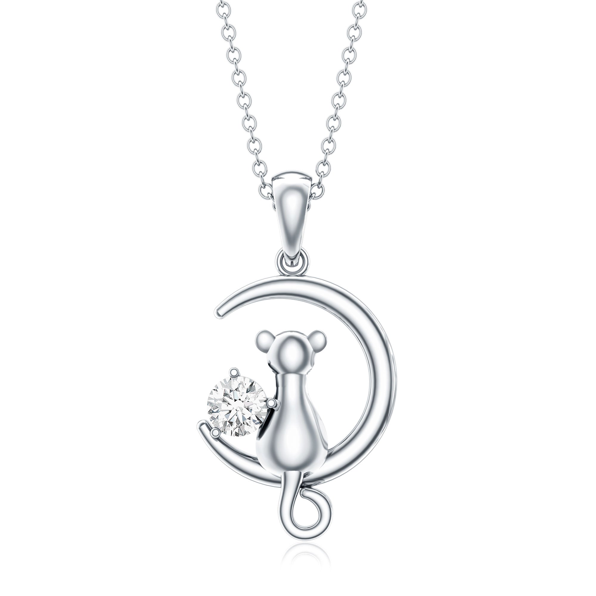 Certified Diamond Cat on Moon Necklace Natural - ( HI-SI ) - Rosec Jewels