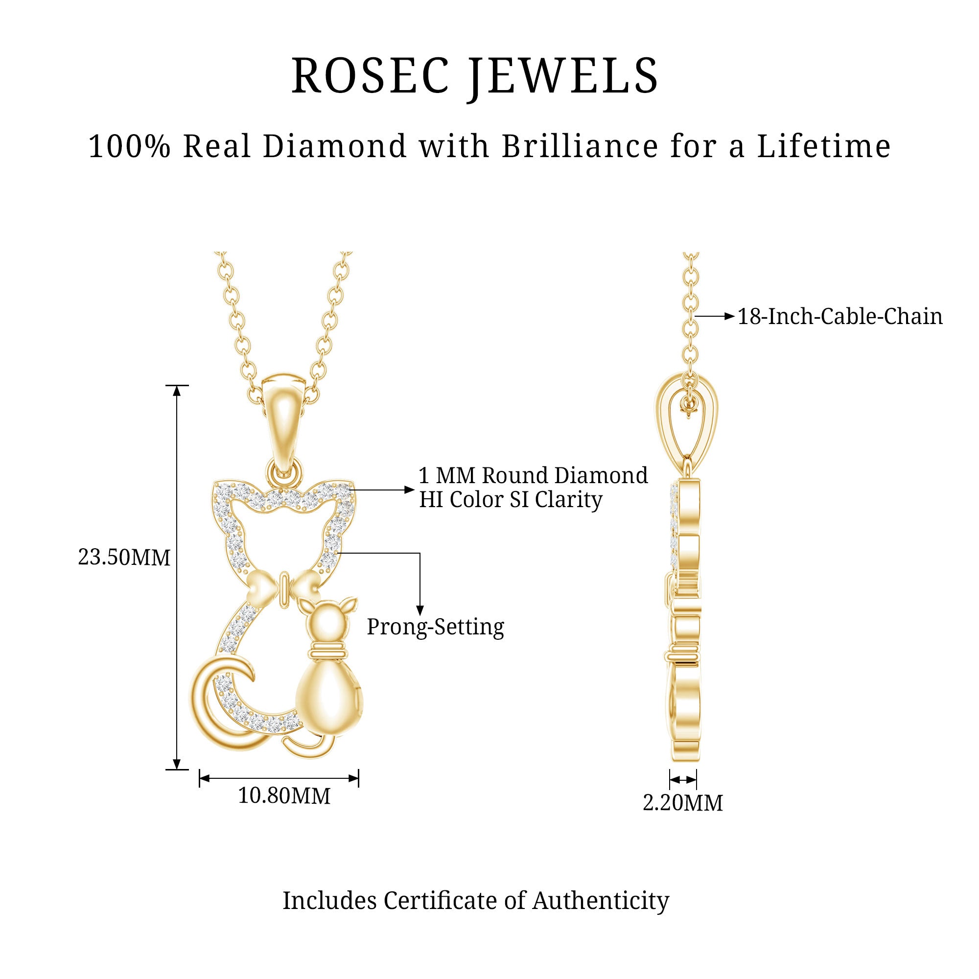 Certified Diamond Kitty Cat Pendant Necklace Natural - ( HI-SI ) - Rosec Jewels