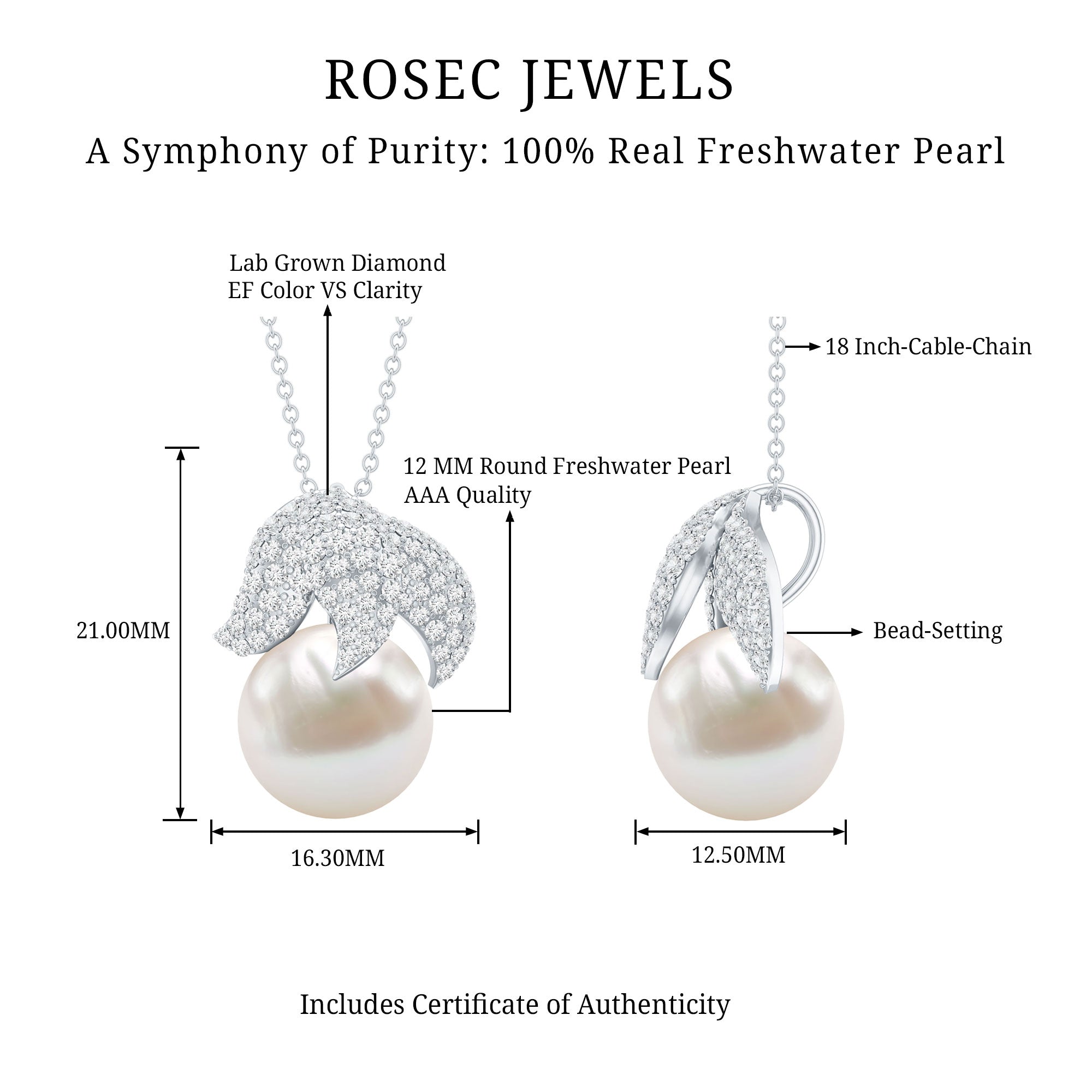 Certified Freshwater Pearl Bridal Necklace with Lab Diamond AAA - Rosec Jewels