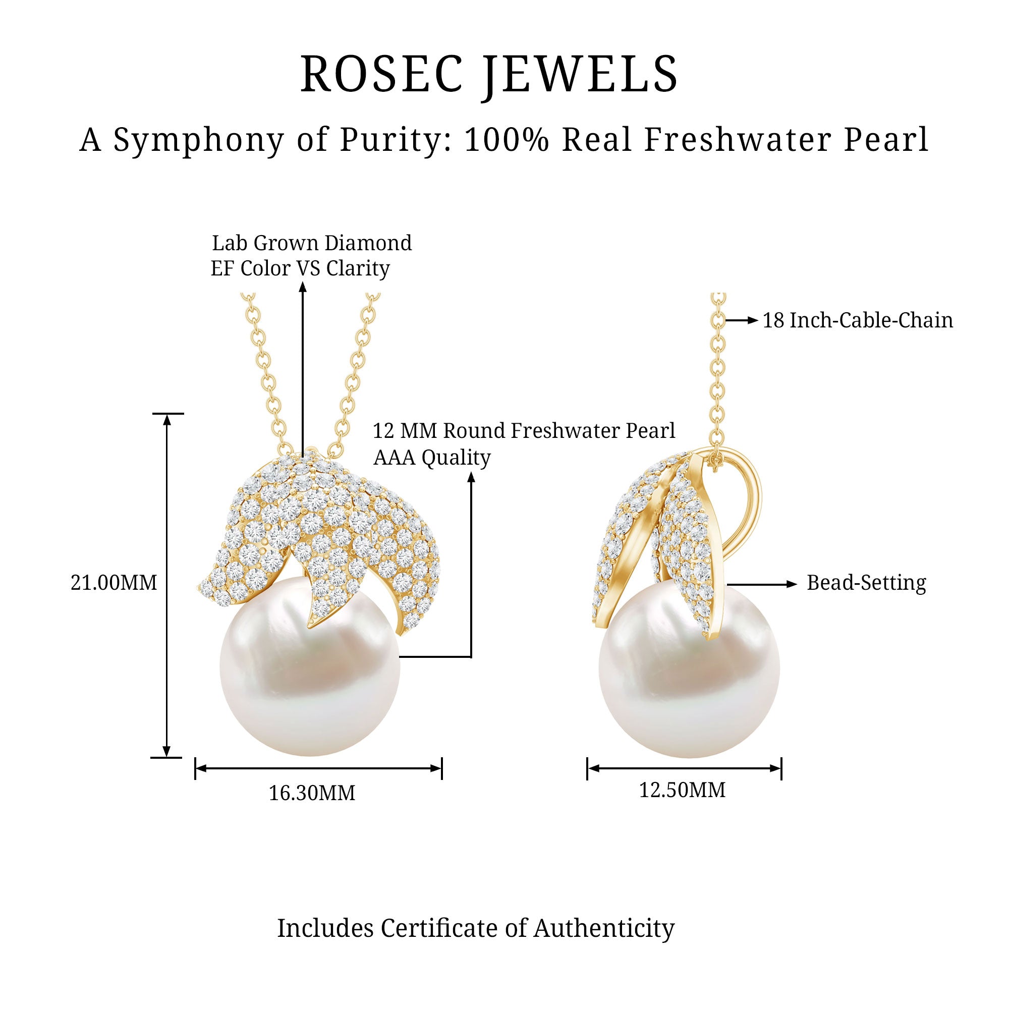 Certified Freshwater Pearl Bridal Necklace with Lab Diamond AAA - Rosec Jewels