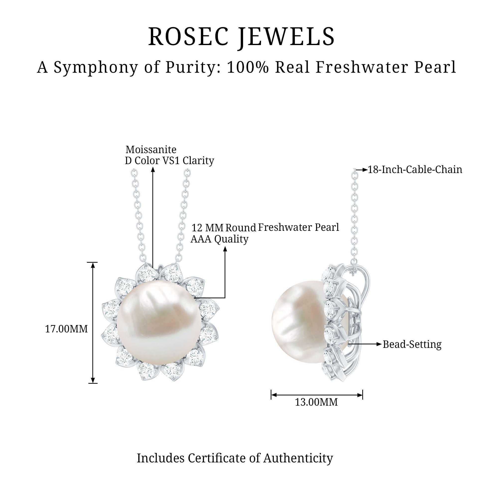 Natural 11 Carat Freshwater Pearl Flower Necklace in Silver AAA 92.5 Sterling Silver - Rosec Jewels