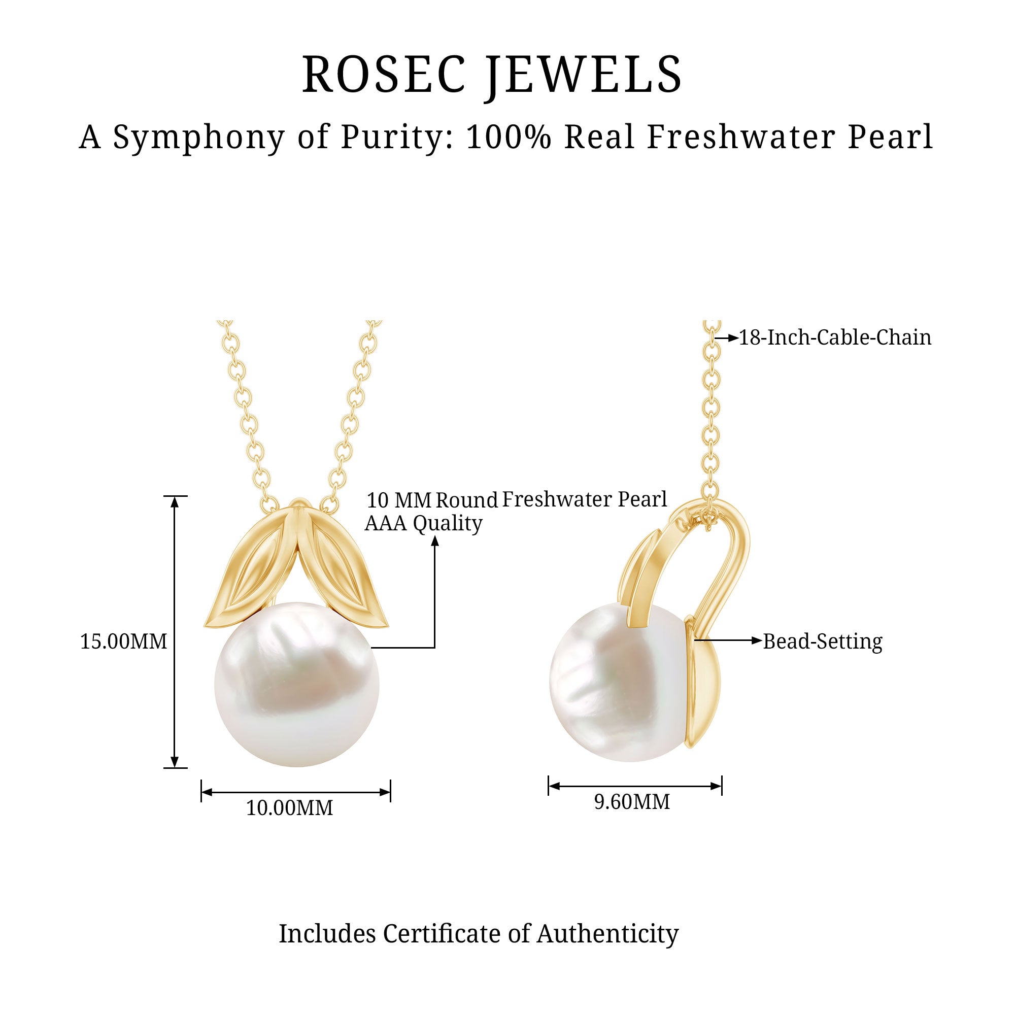Freshwater Pearl Solitaire Pendant with Leaf AAA - Rosec Jewels