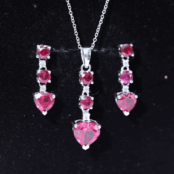Certified Lab Grown Ruby Heart Necklace and Earrings Set With Diamond AAAA - Rosec Jewels