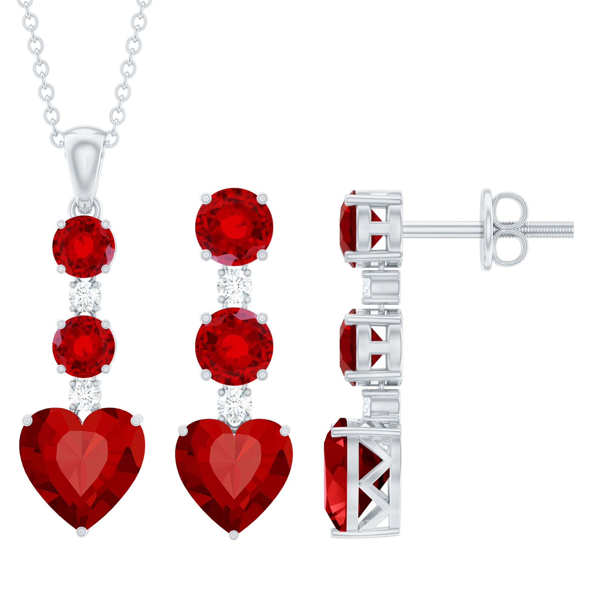 Certified Lab Grown Ruby Heart Necklace and Earrings Set With Diamond AAAA - Rosec Jewels