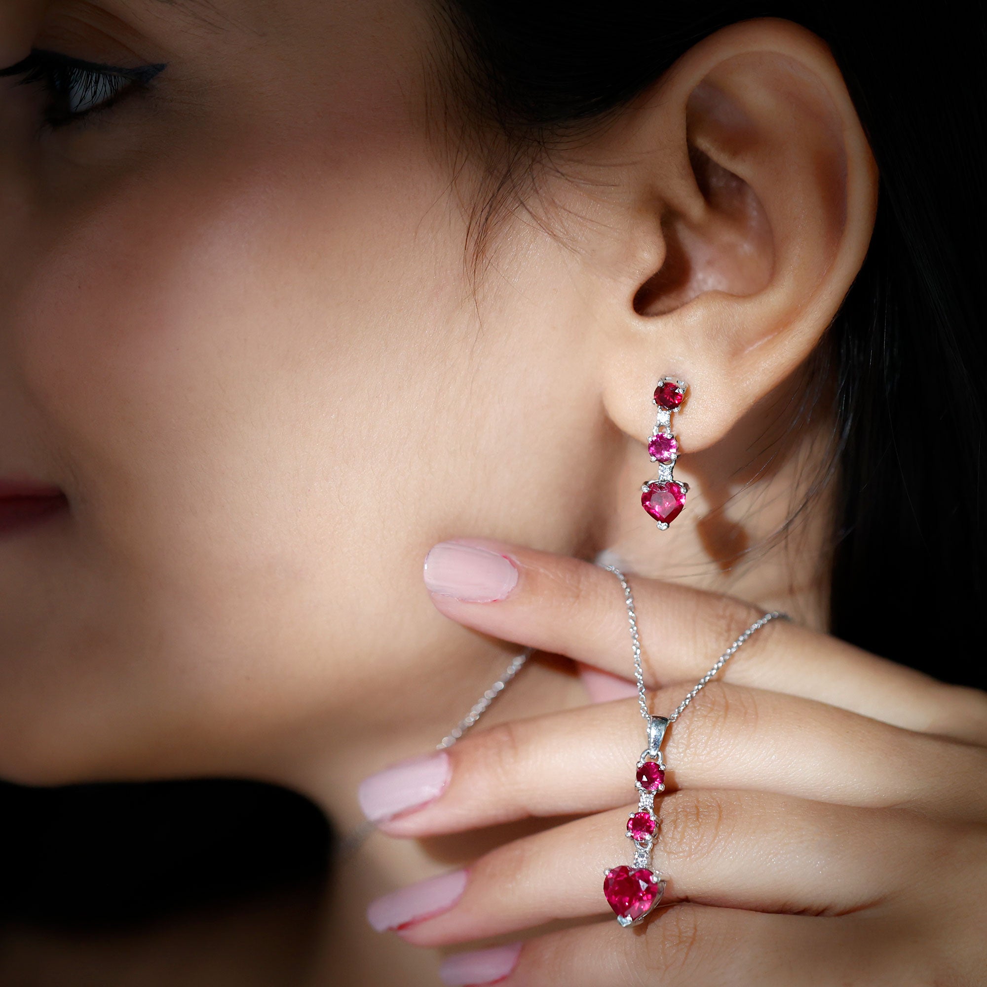 Certified Lab Grown Ruby Heart Necklace and Earrings Set With Diamond AAAA - Rosec Jewels