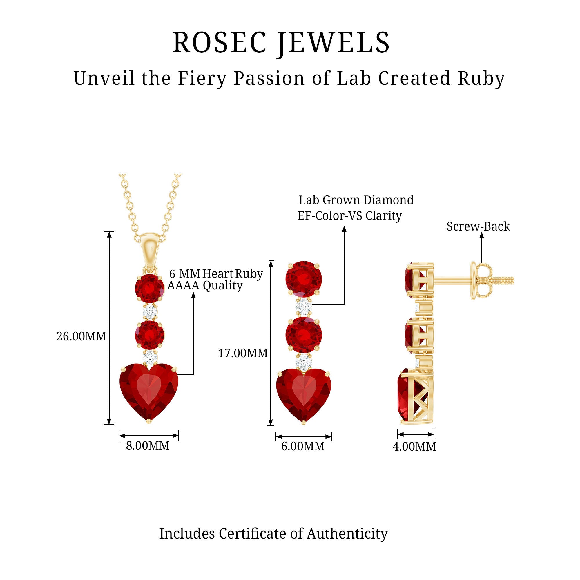 Certified Lab Grown Ruby Heart Necklace and Earrings Set With Diamond AAAA - Rosec Jewels