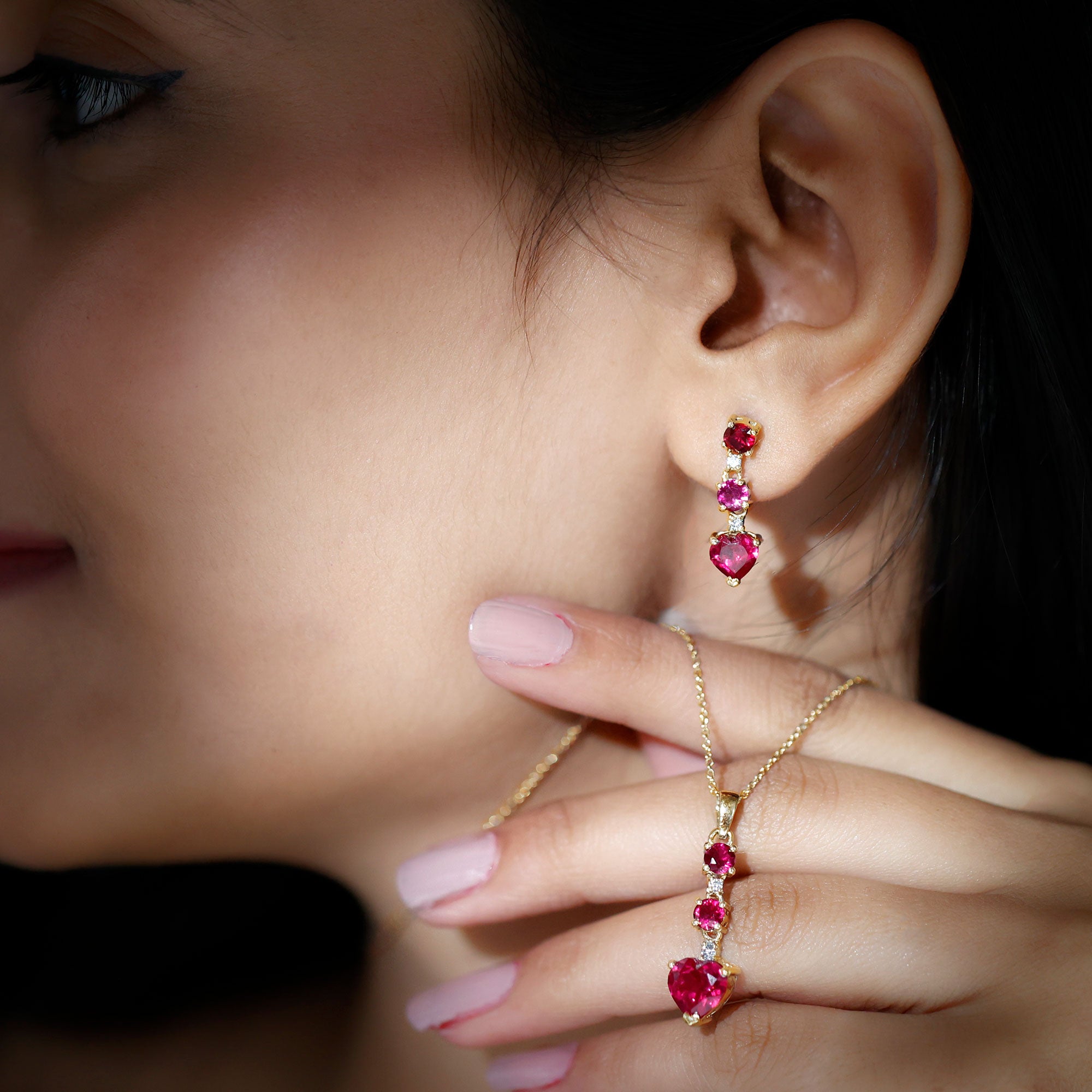 Certified Lab Grown Ruby Heart Necklace and Earrings Set With Diamond AAAA - Rosec Jewels